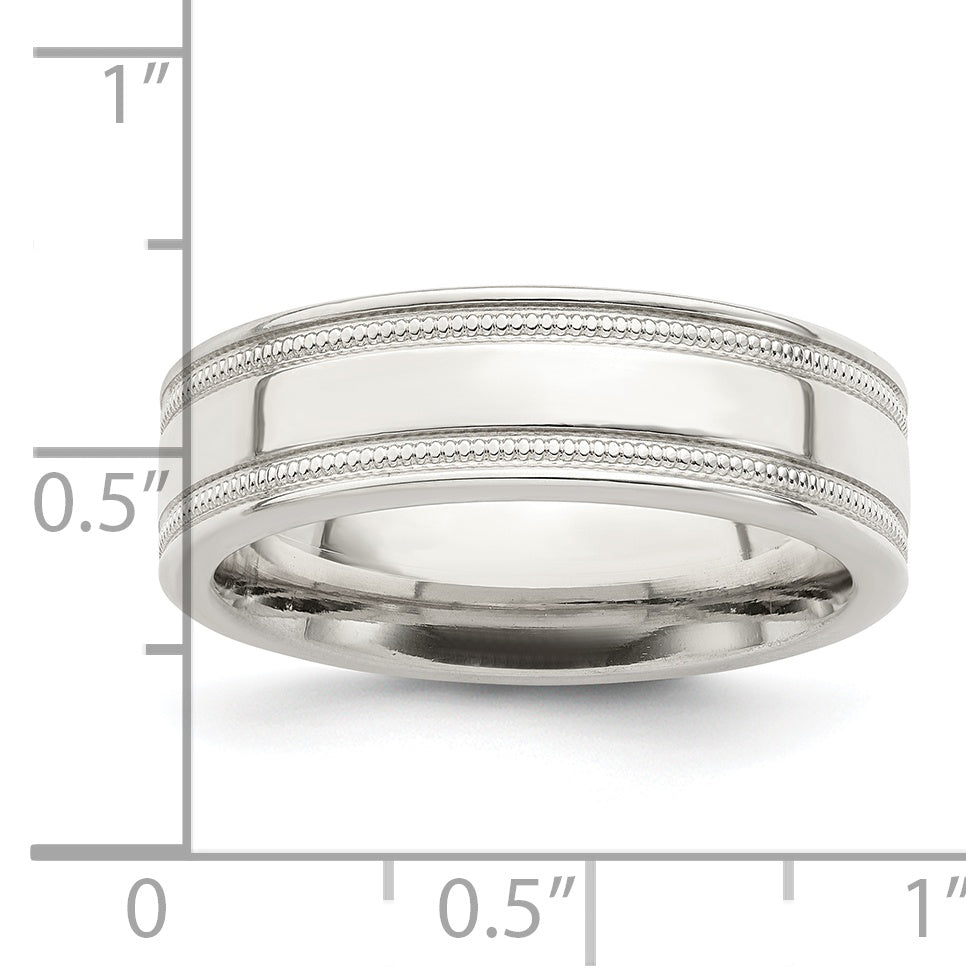 Sterling Silver 6mm Polished Flat Milgrain Grooved Edge Fancy Band Size 13.5