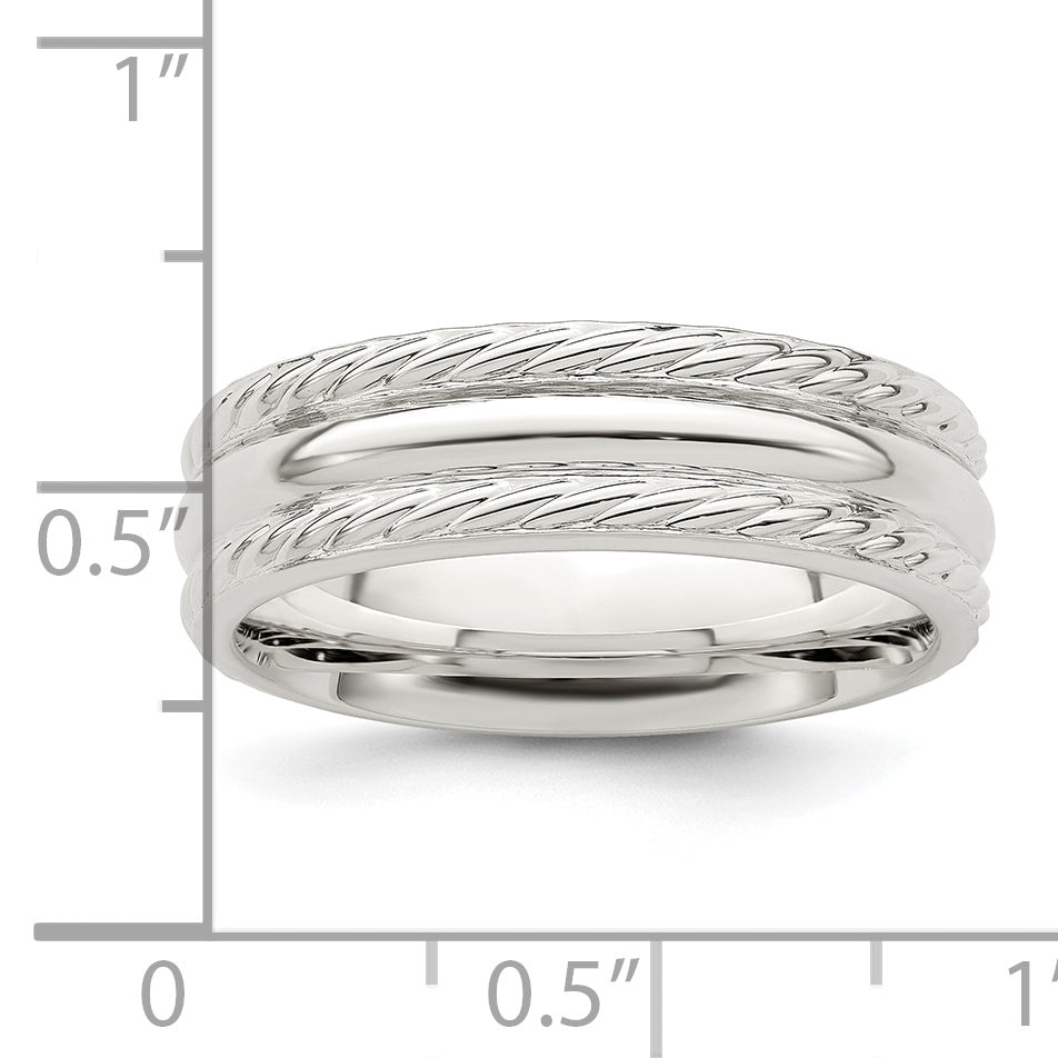 Sterling Silver 6mm Polished Domed Rope Edge Fancy Band