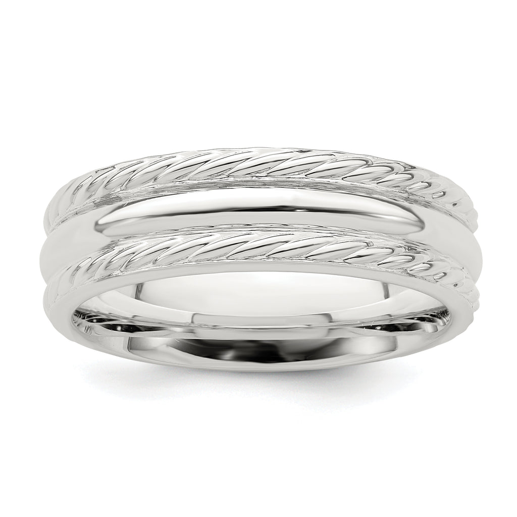 Sterling Silver 6mm Polished Domed Rope Edge Fancy Band
