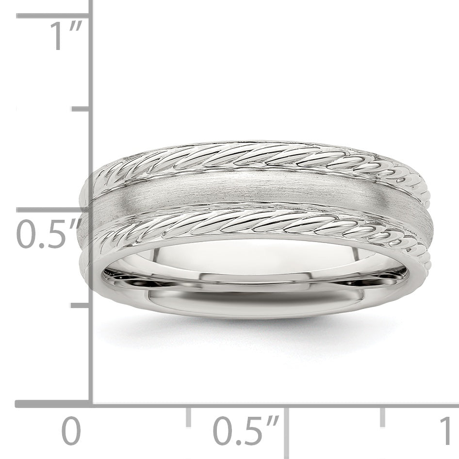 Sterling Silver 6mm Brushed Domed Rope Edge Fancy Band