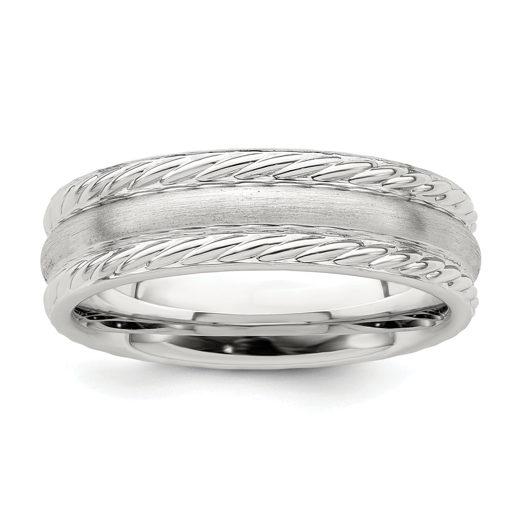 Sterling Silver 6mm Brushed Domed Rope Edge Fancy Band