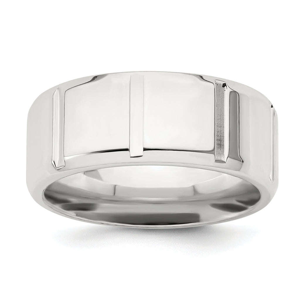 Sterling Silver 8mm Polished Flat Notched Beveled Edge Fancy Band