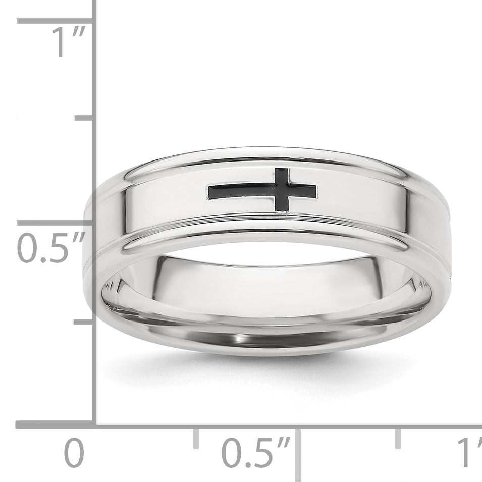 Sterling Silver 6mm Enamel Cross Fancy Band Size 13.5