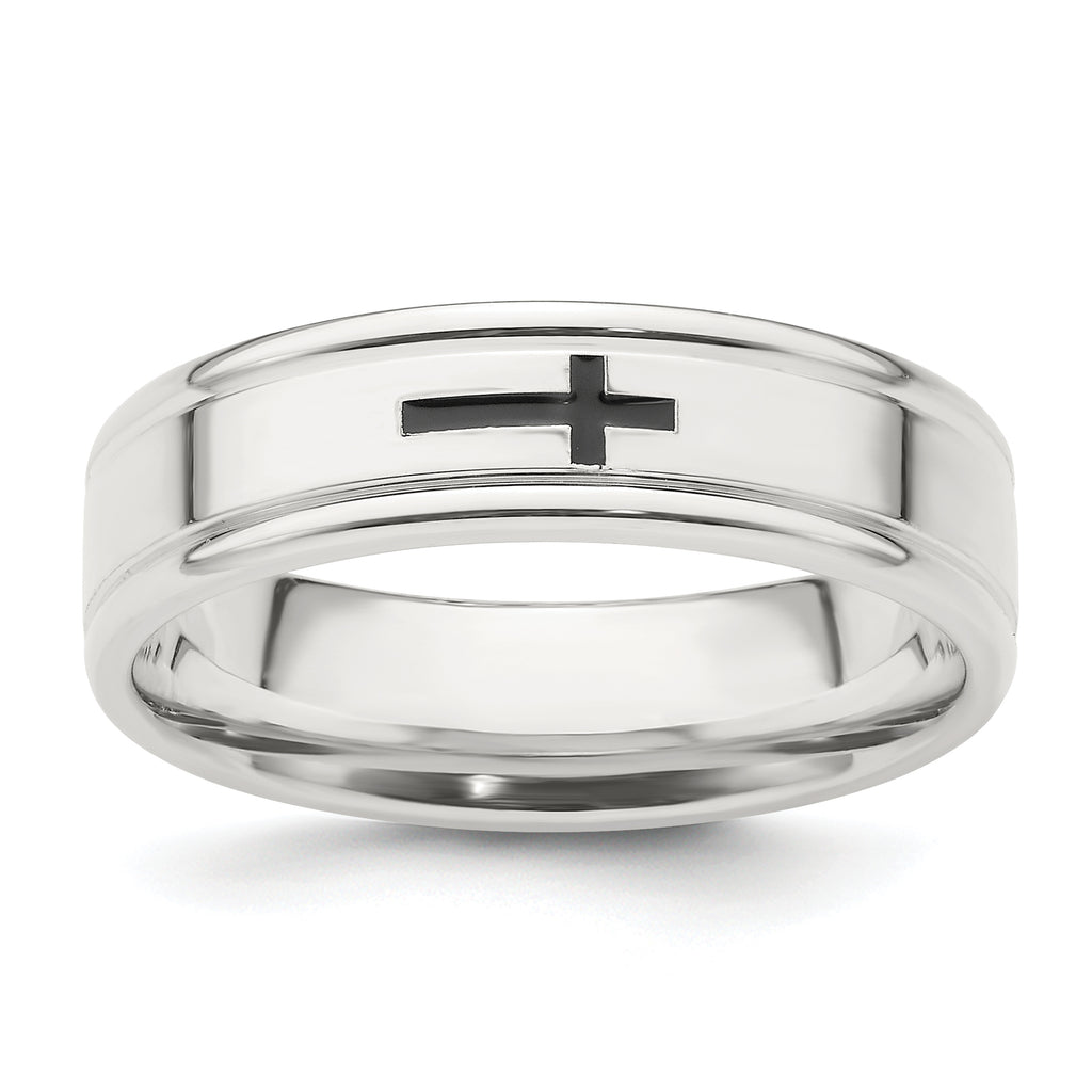 Sterling Silver 6mm Enamel Cross Fancy Band