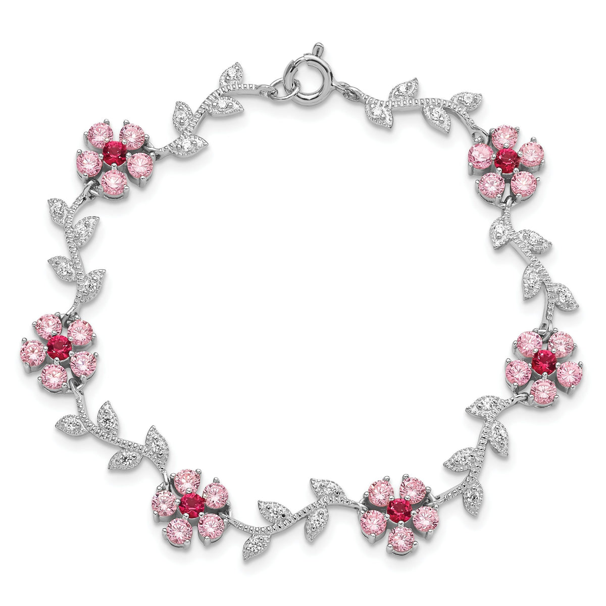 Pink and Clear Cubic Zirconia Flower Bracelet in Sterling Silver, 10mm, 7.5 Inch - Sophia Jewelers