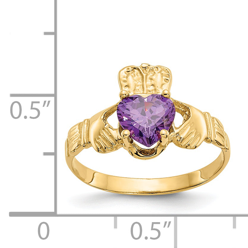 14k February CZ Birthstone Claddagh Ring