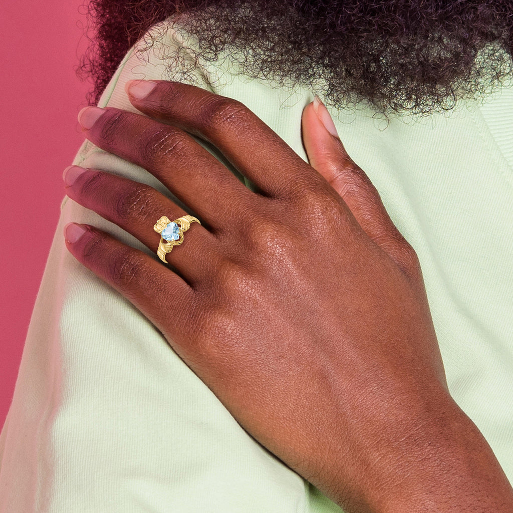 14k March CZ Birthstone Claddagh Ring