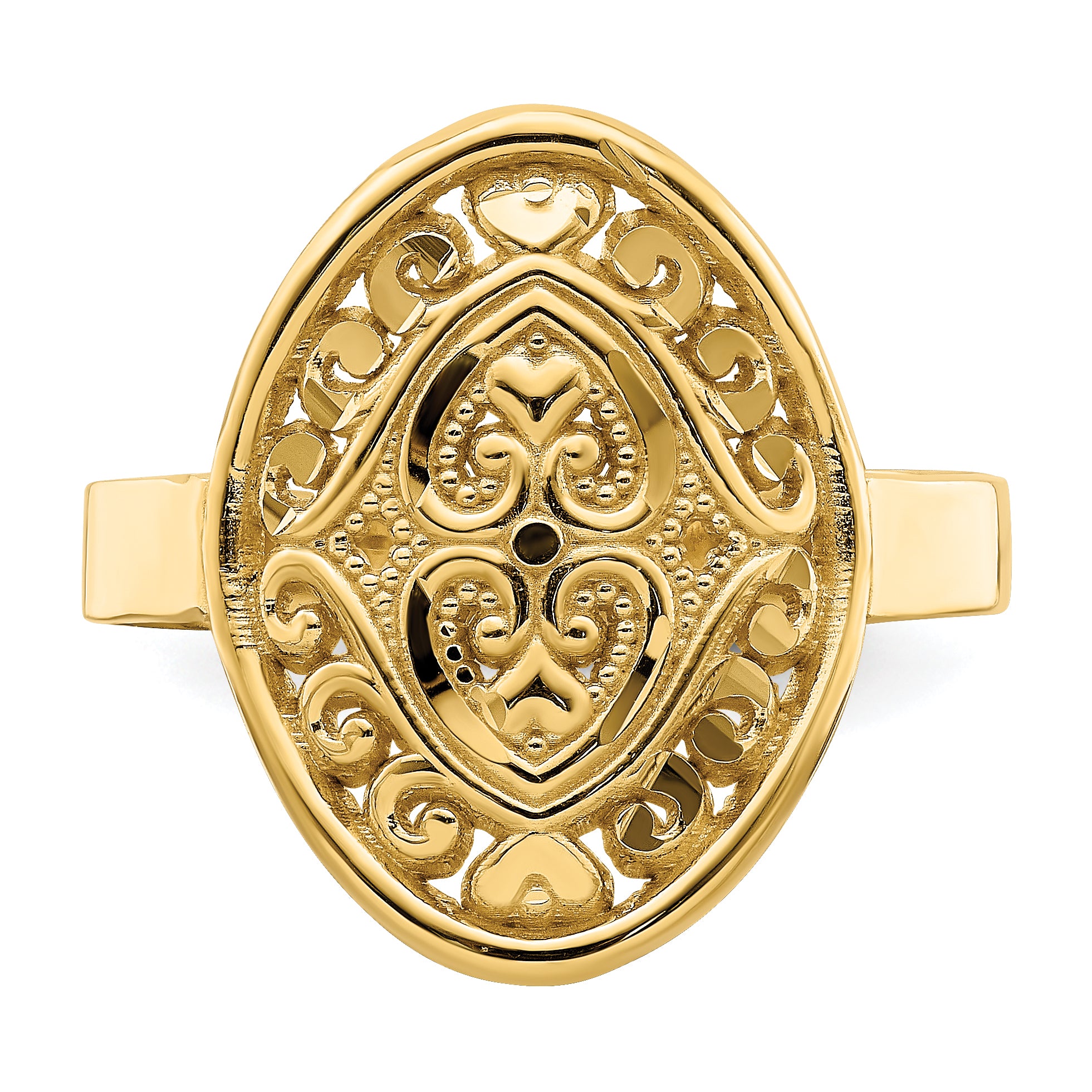 14k Oval Shield w/ Double Hearts Ring