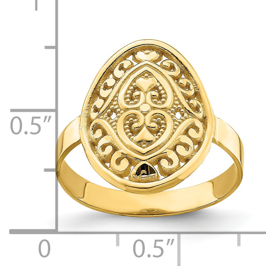 14k Oval Shield w/ Double Hearts Ring