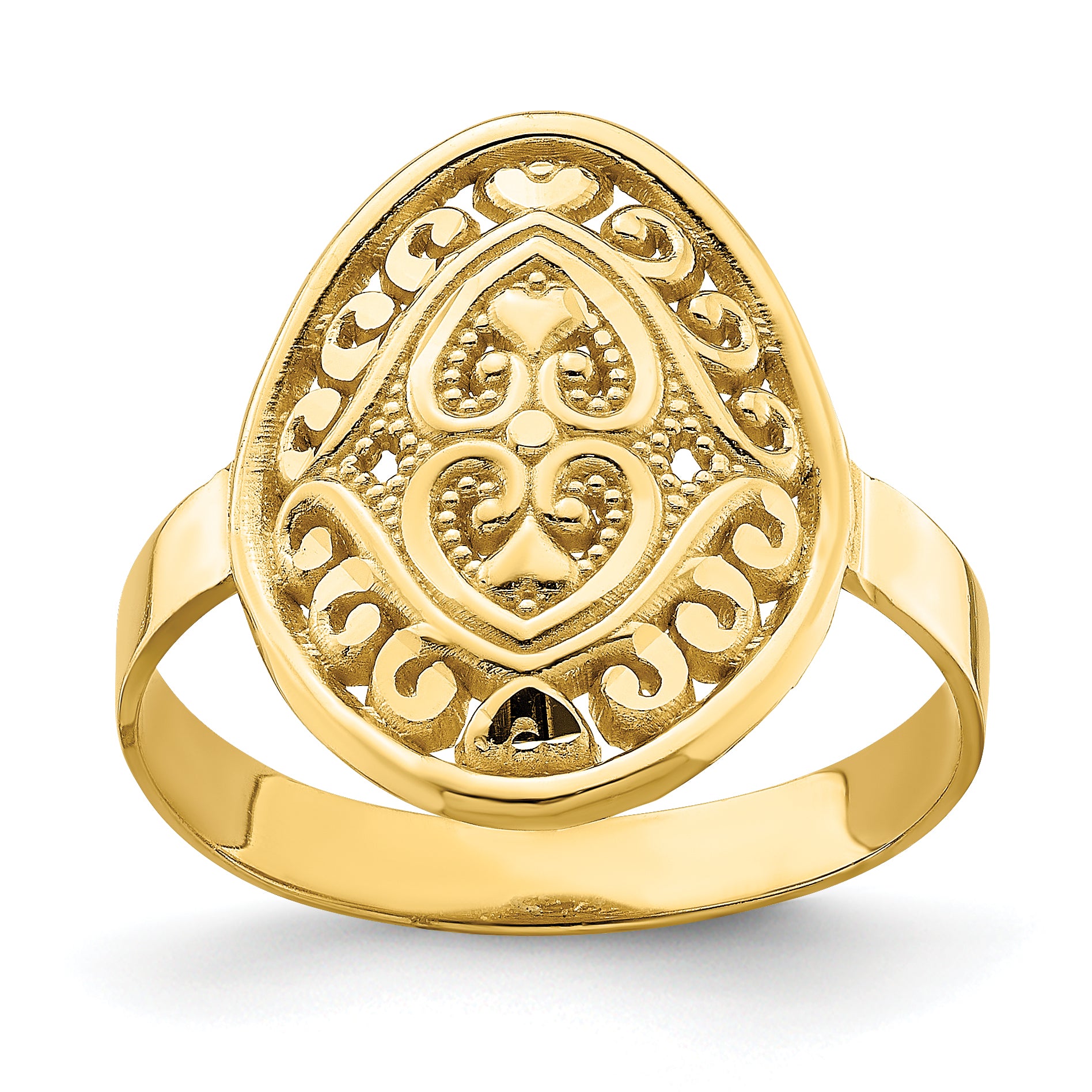 14k Oval Shield w/ Double Hearts Ring