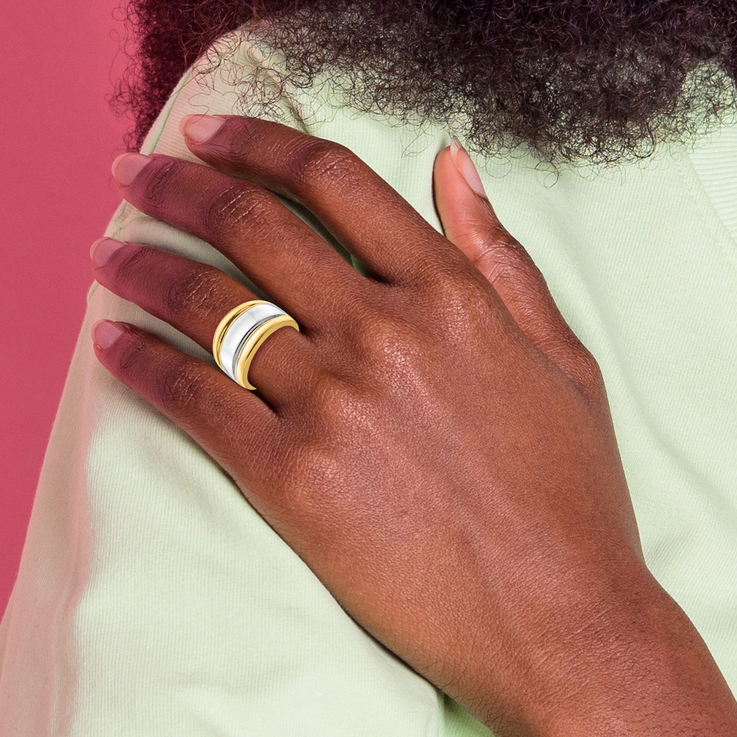 14K w/Rhodium Polished Wide Center Ridge Ring