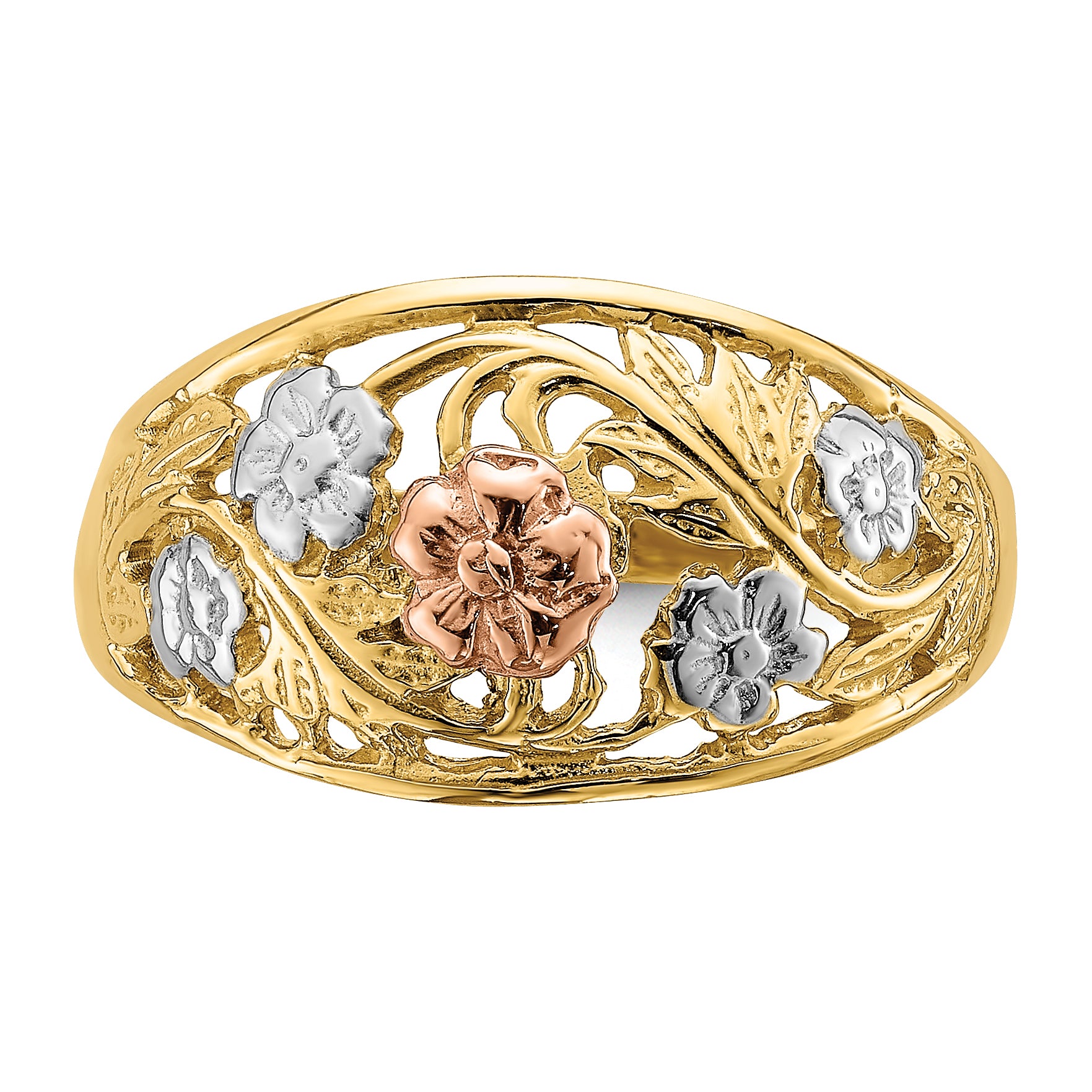 14k Tri- Color w/White Rhodium Floral Dome Ring