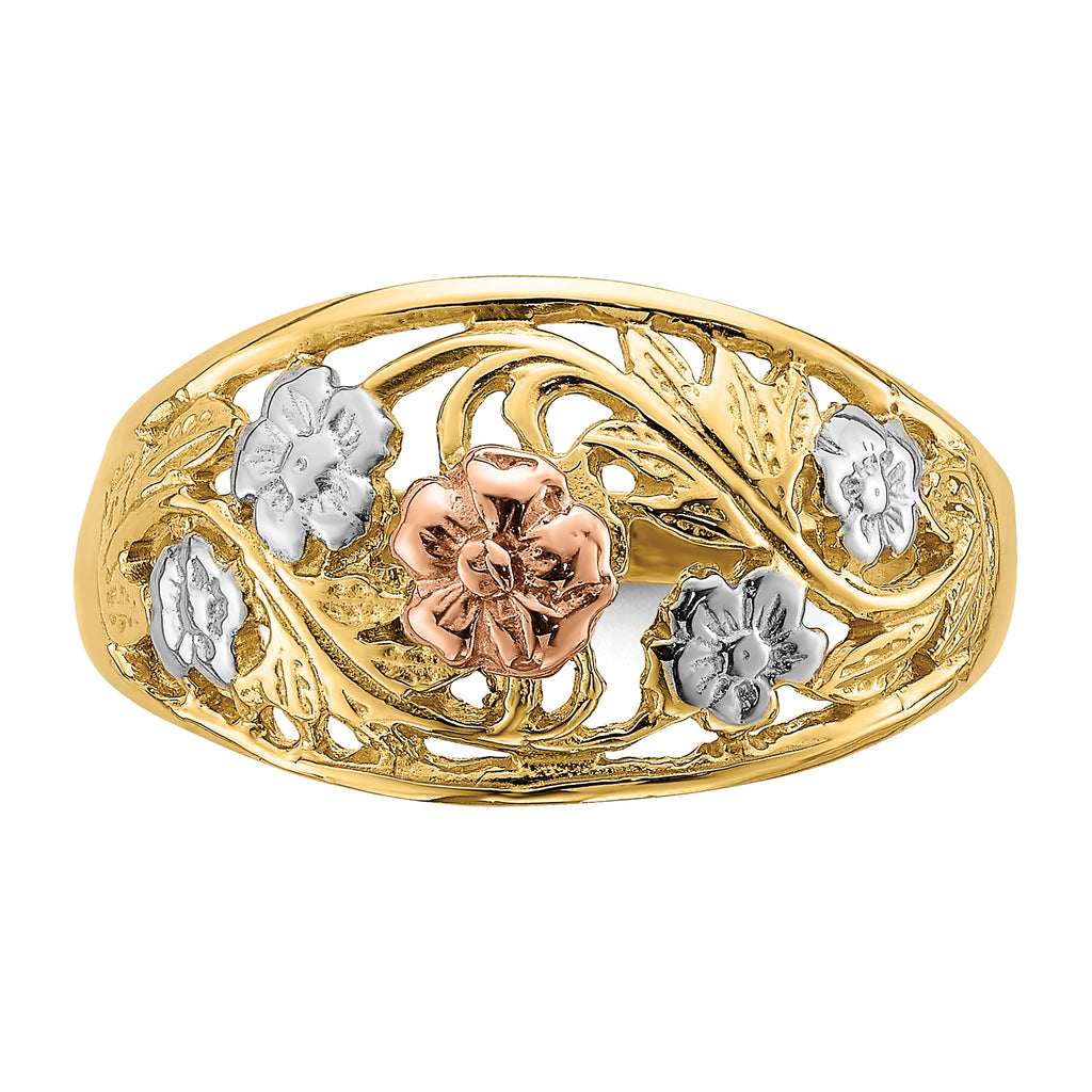 14k Tri- Color w/White Rhodium Floral Dome Ring