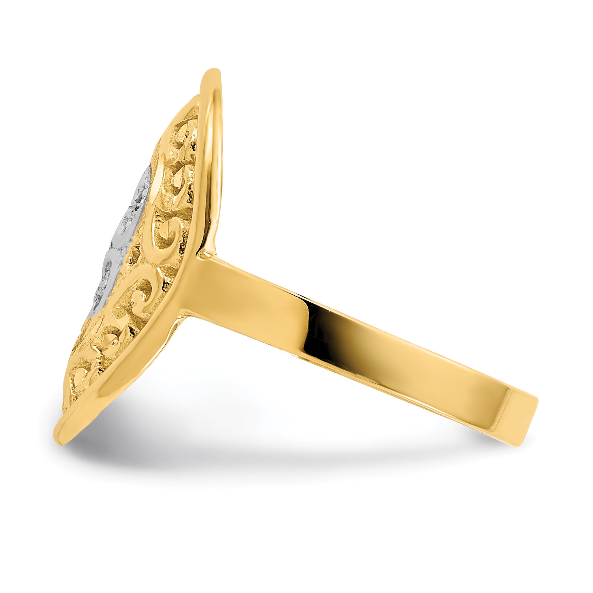 14k w/Rhodium Oval Shield and Hearts Ring