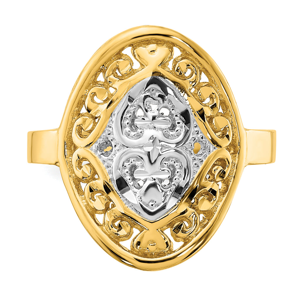 14k w/Rhodium Oval Shield and Hearts Ring