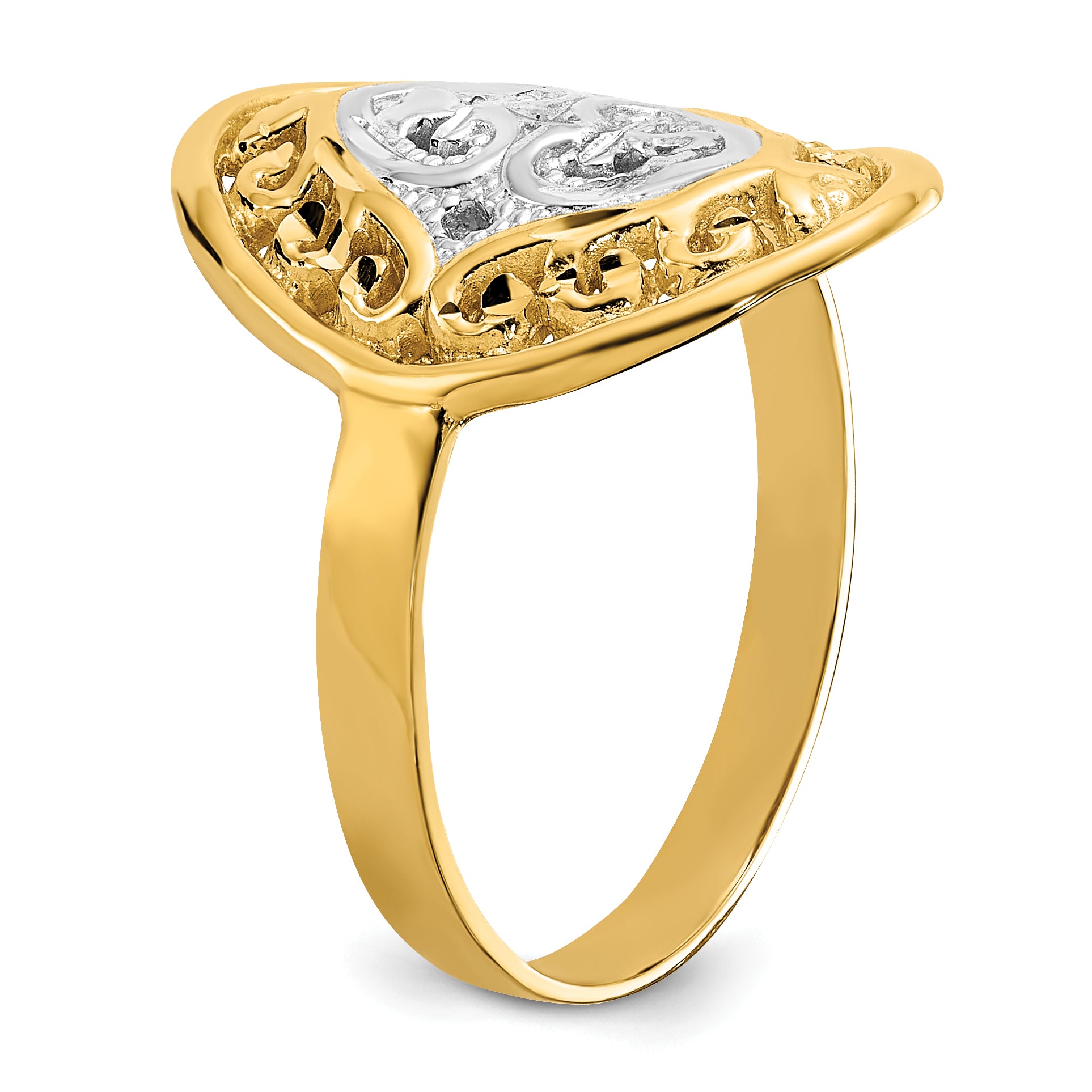 14k w/Rhodium Oval Shield and Hearts Ring