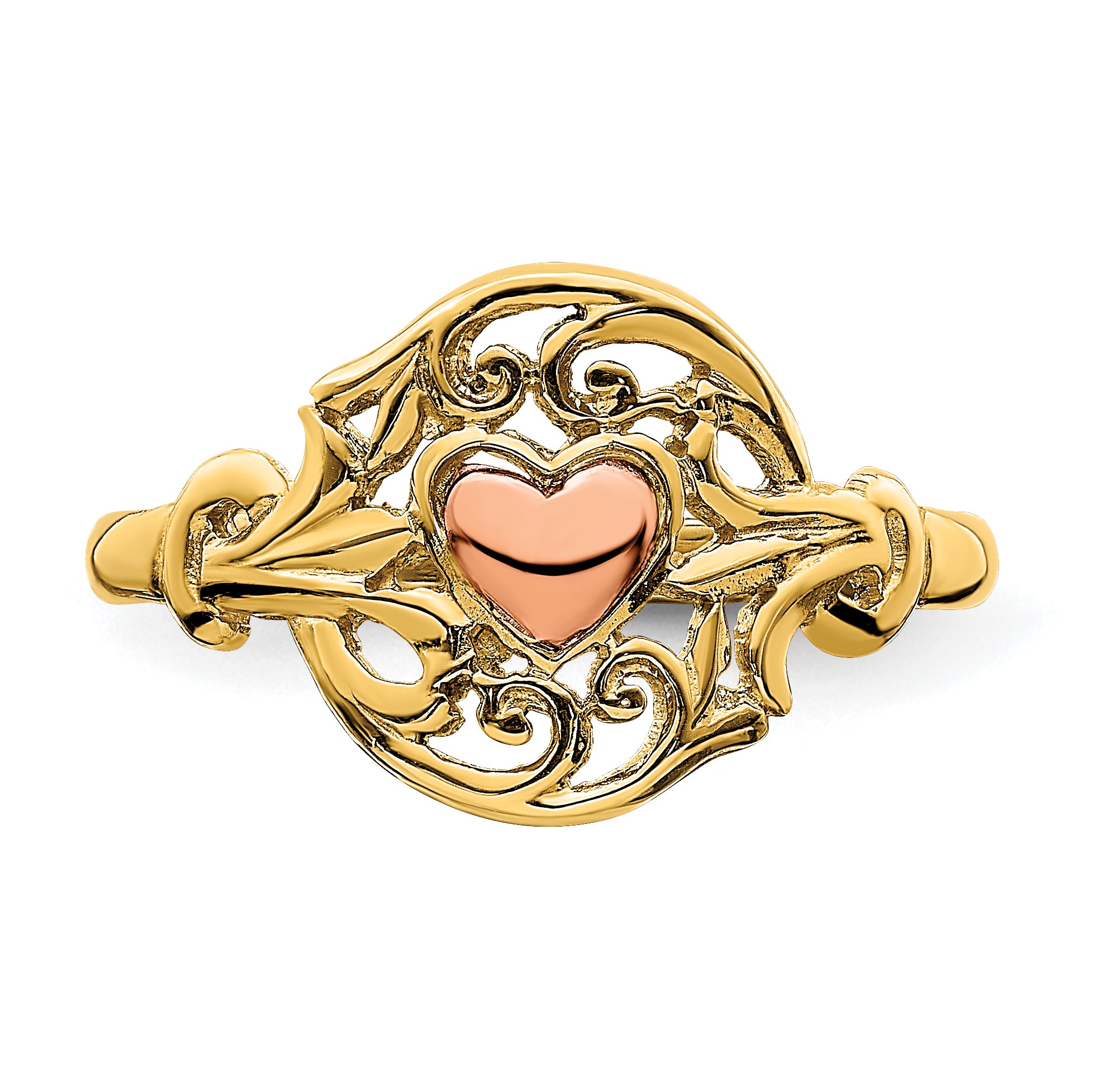 14K Two-tone Polished Filigree Around Heart Ring