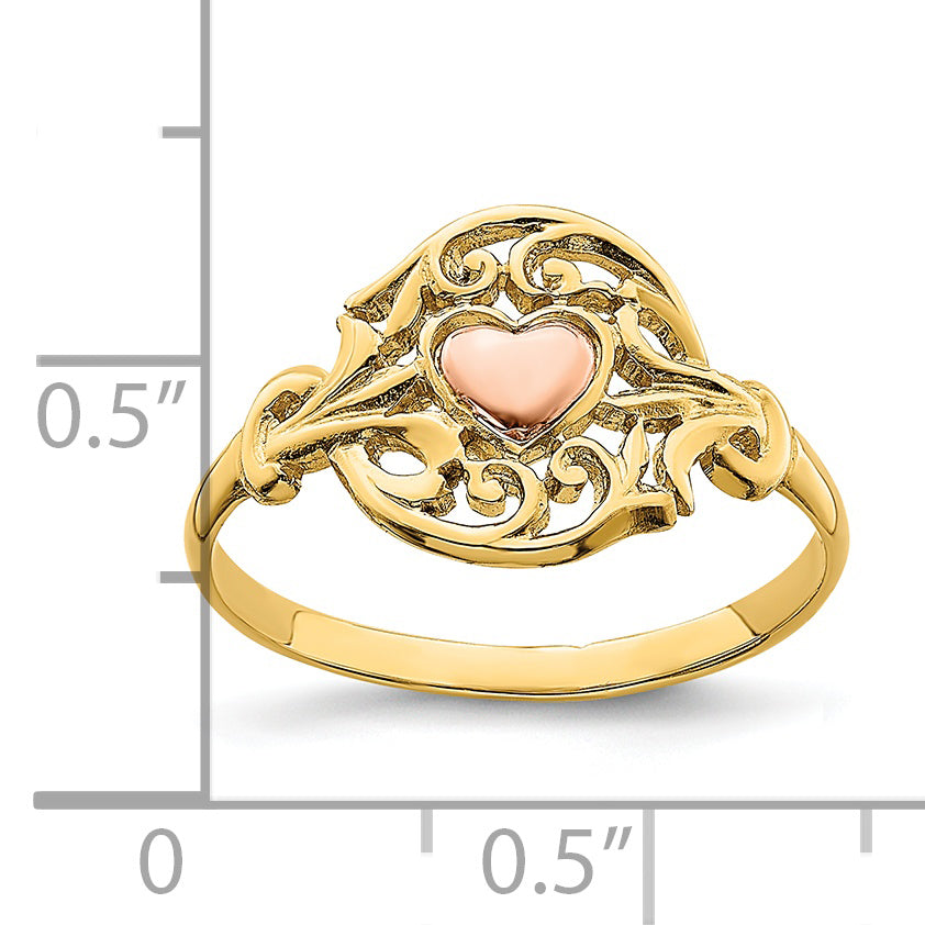 14K Two-tone Polished Filigree Around Heart Ring