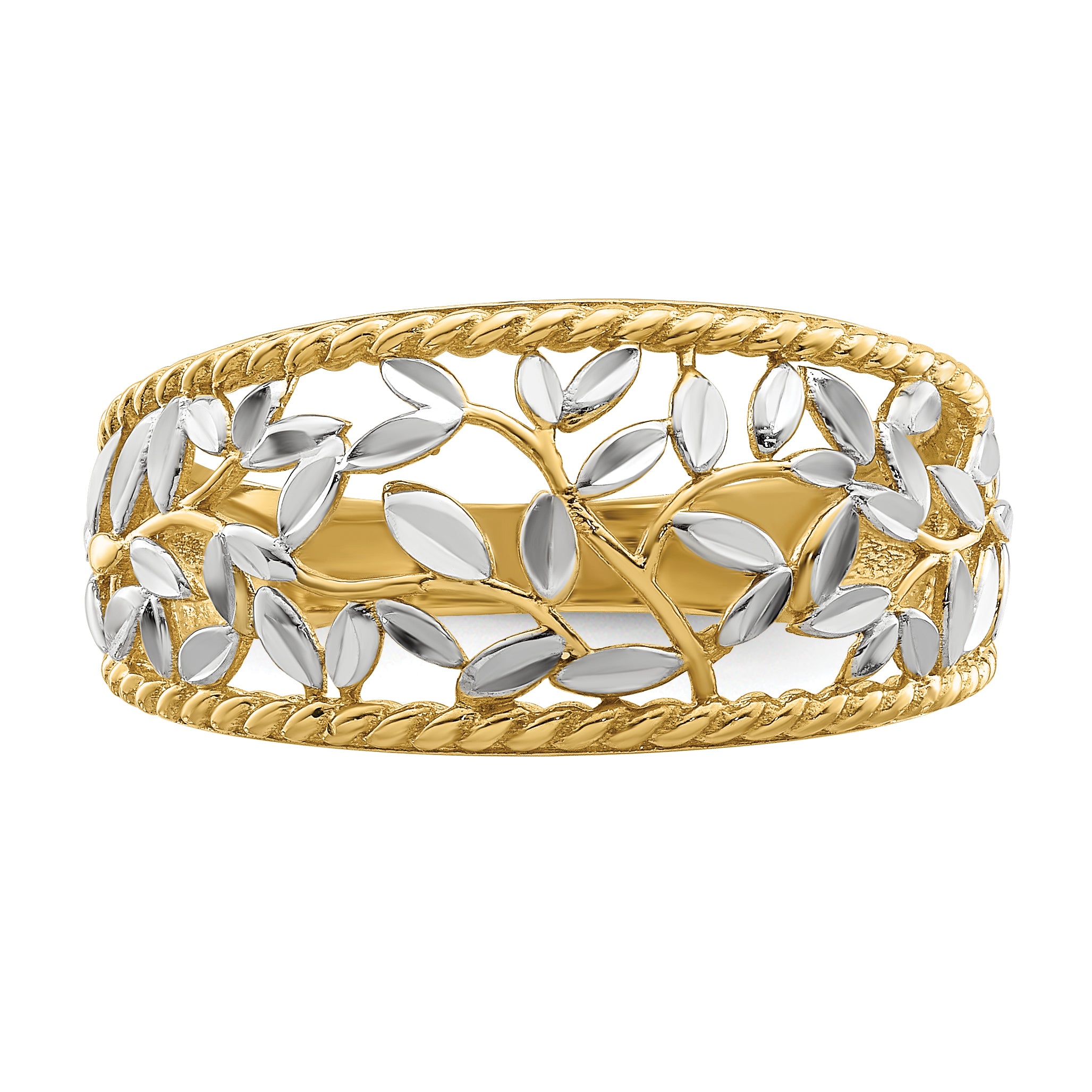 14k w/Rhodium Diamond-cut Filigree Leaf Ring