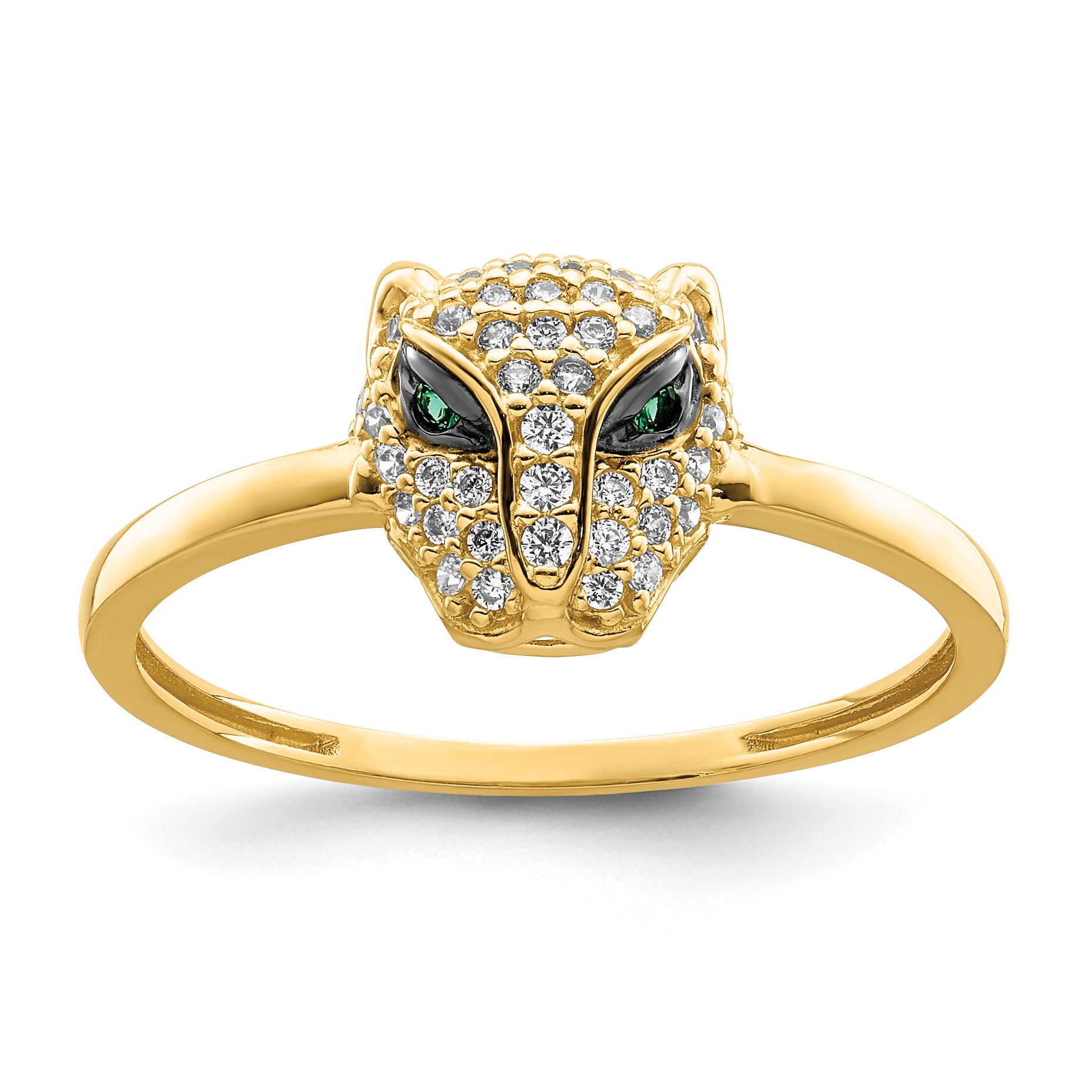14K Polished Green & White CZ Lioness Head Ring Main image