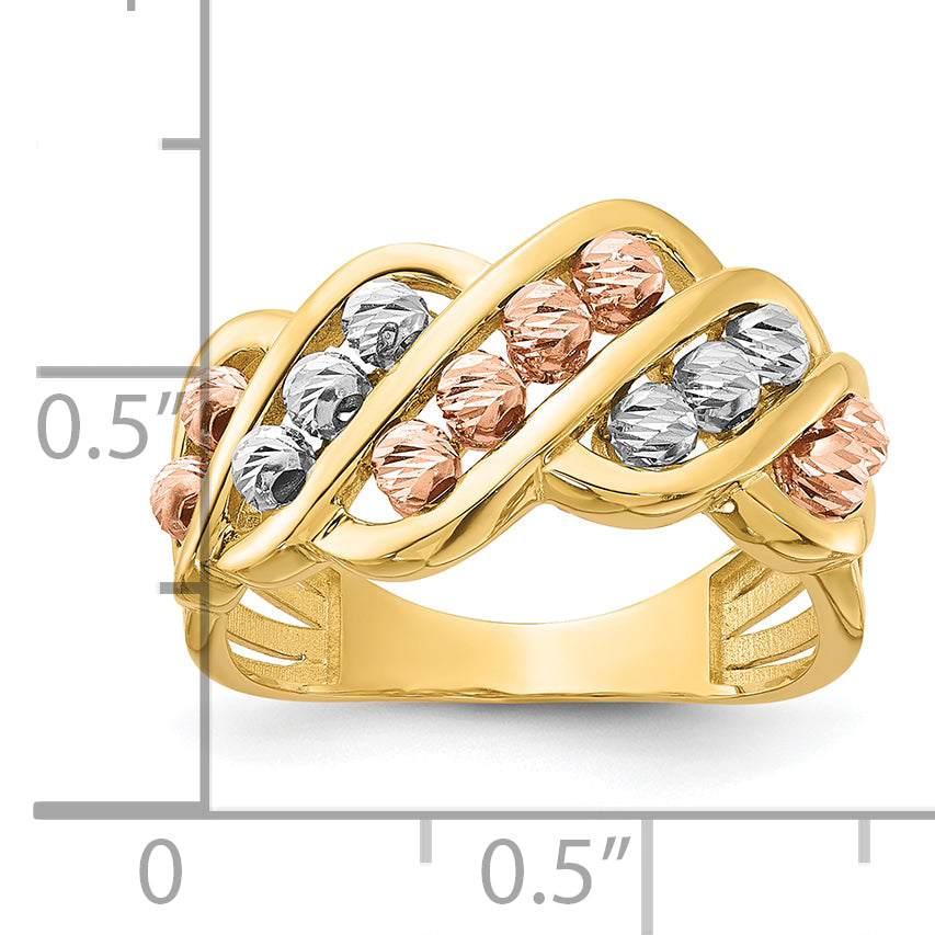 14K Tri-color Polished and Diamond-cut Beads Fashion Ring