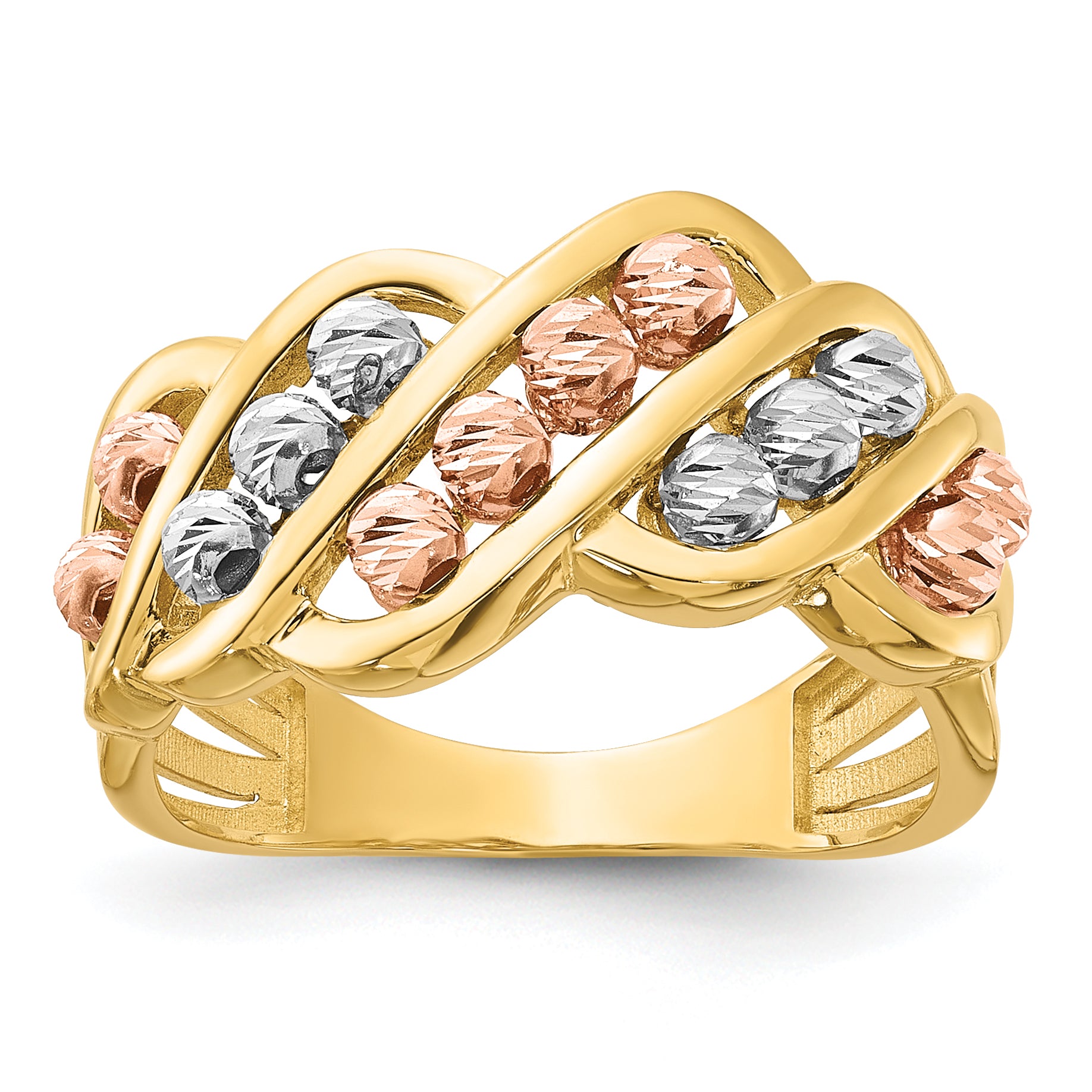 14K Tri-color Polished and Diamond-cut Beads Fashion Ring Main image