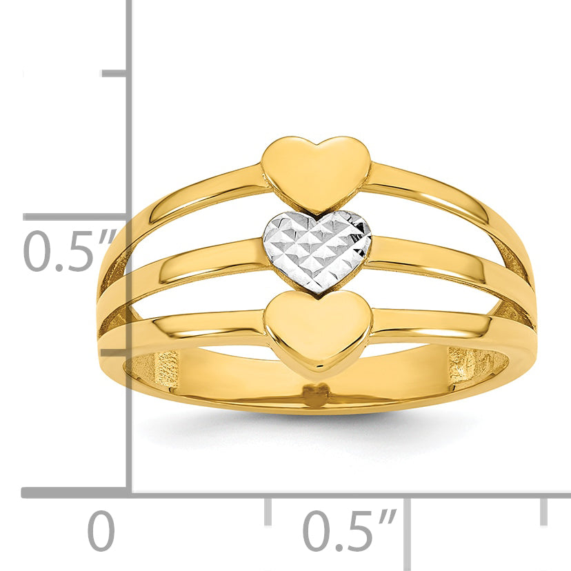 14k with White Rhodium Polished and Diamond-cut Three Hearts Size 7 Ring