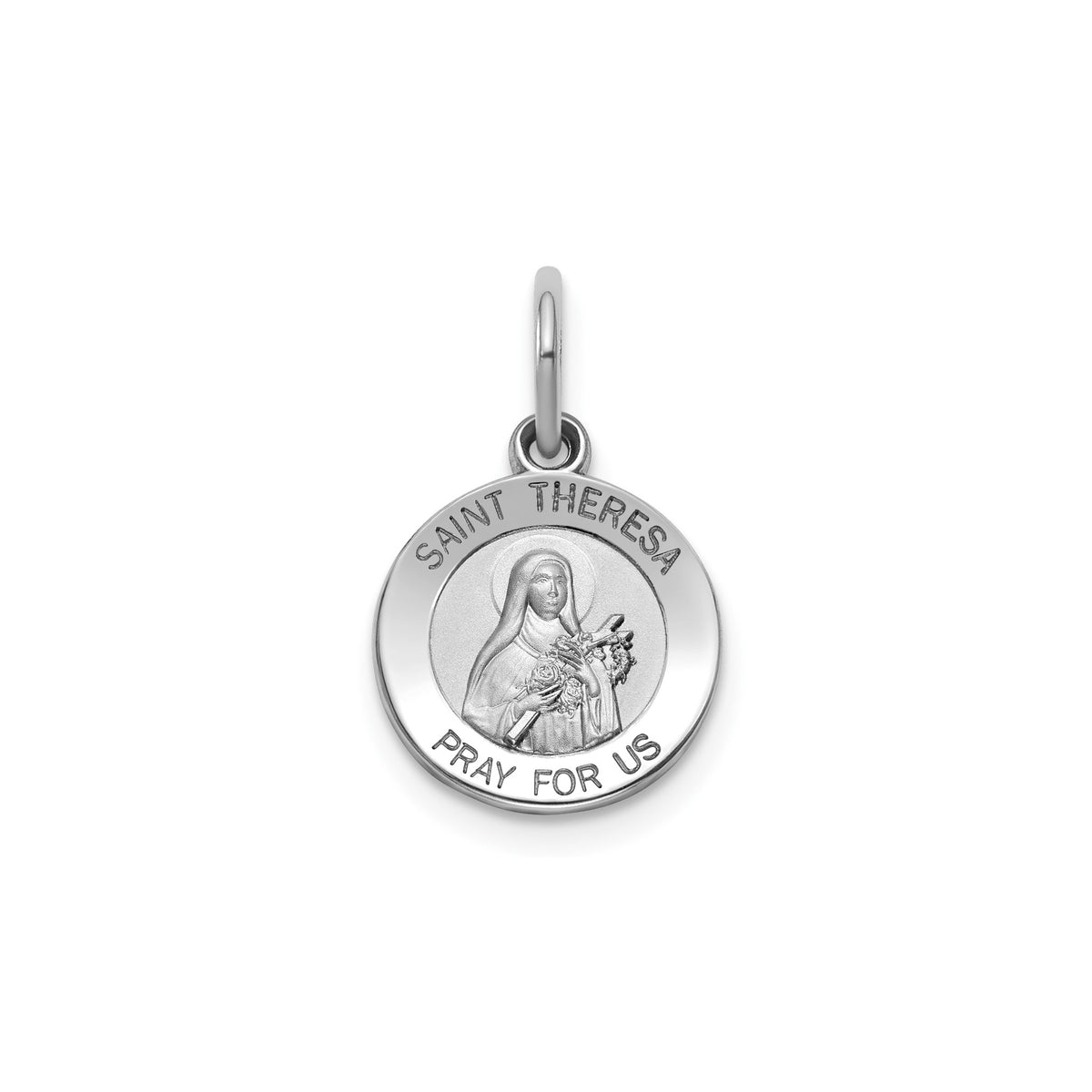 Round St. Theresa Medal in Sterling Silver, Satin - Sophia Jewelers