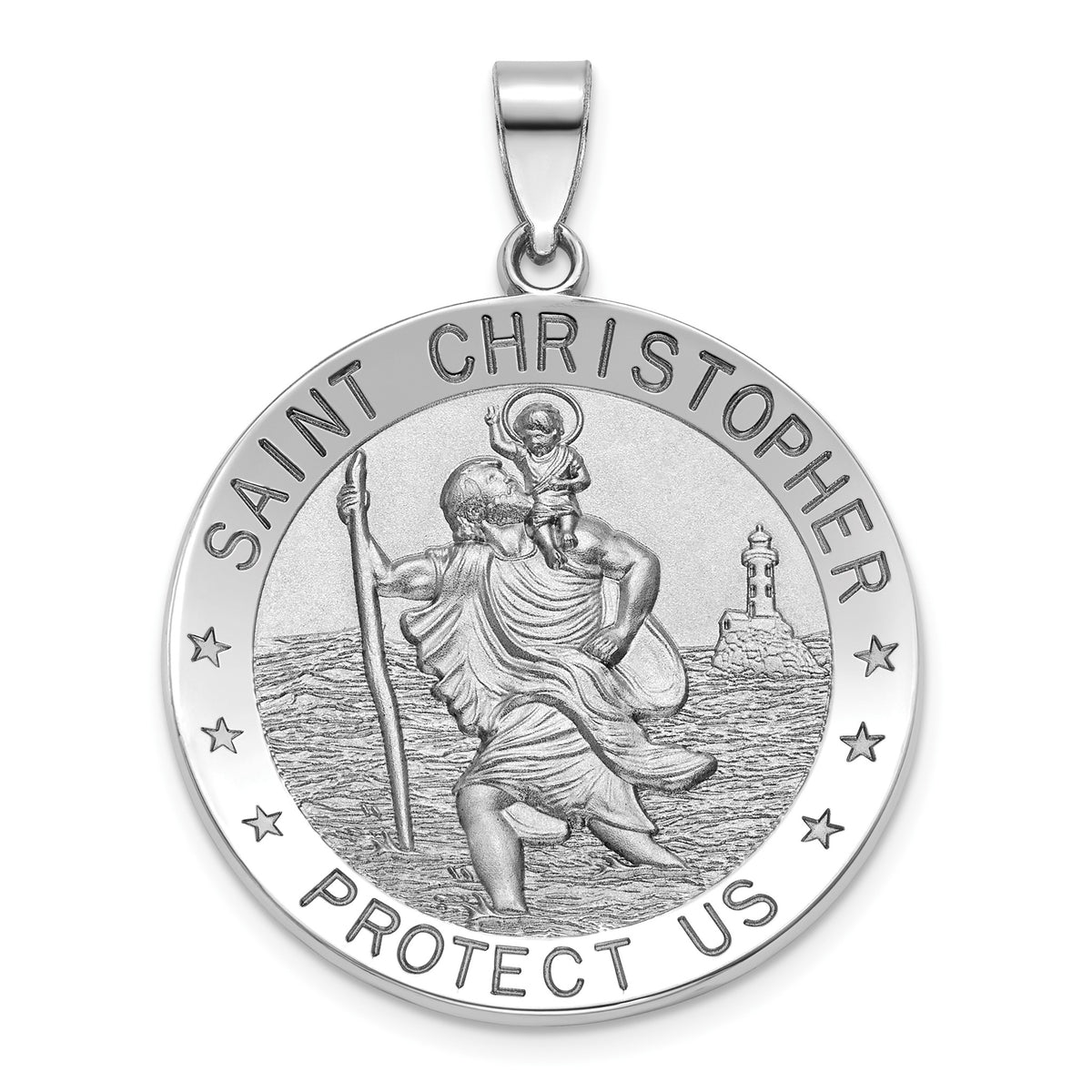 Round St. Christopher Medal in Sterling Silver, 29mm Satin - Sophia Jewelers Main image