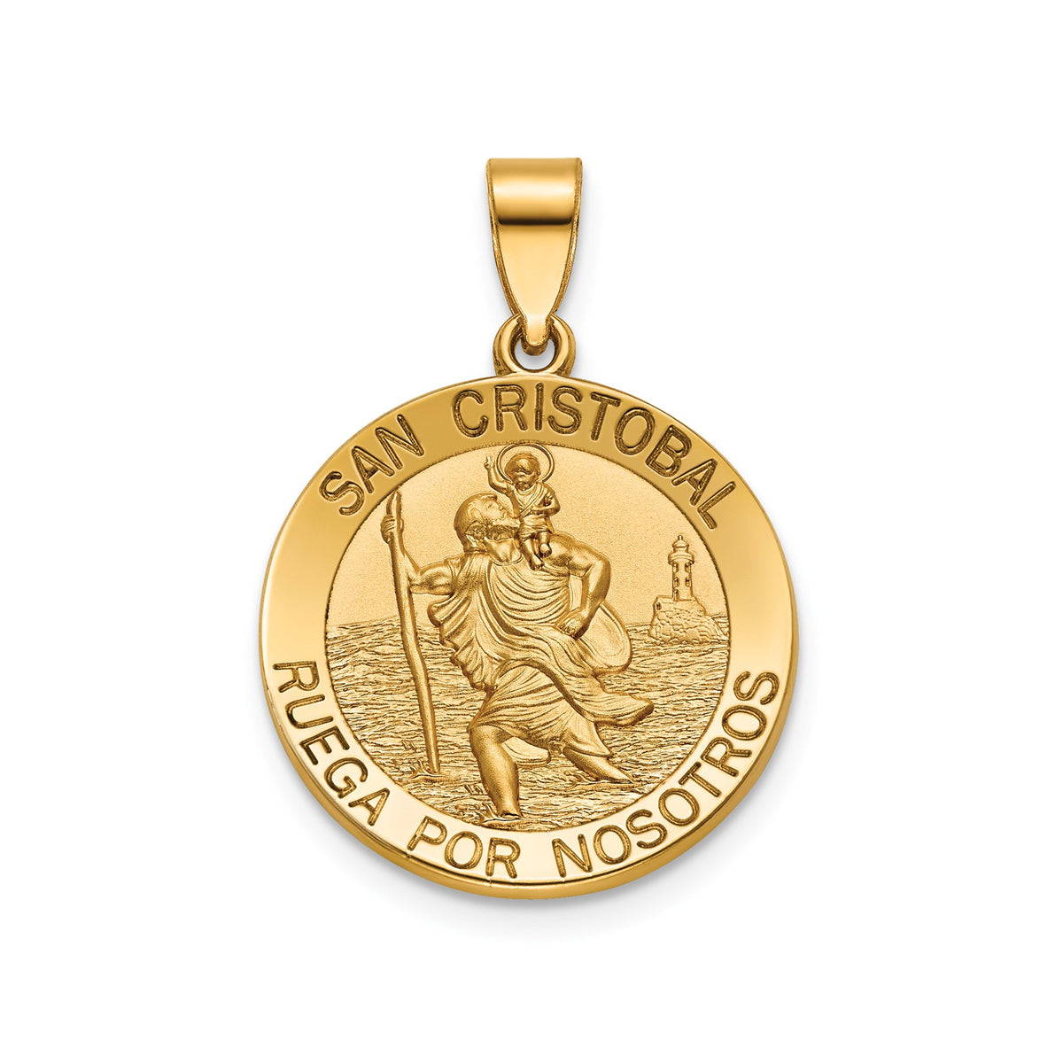 Round St. Christopher-Spanish Medal in 14K Yellow Gold, 18.25mm - Sophia Jewelers
