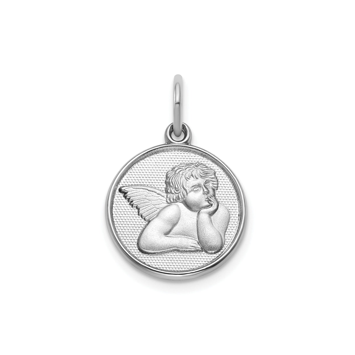Round Cherub Angel Medal in Sterling Silver, Satin - Sophia Jewelers Main image