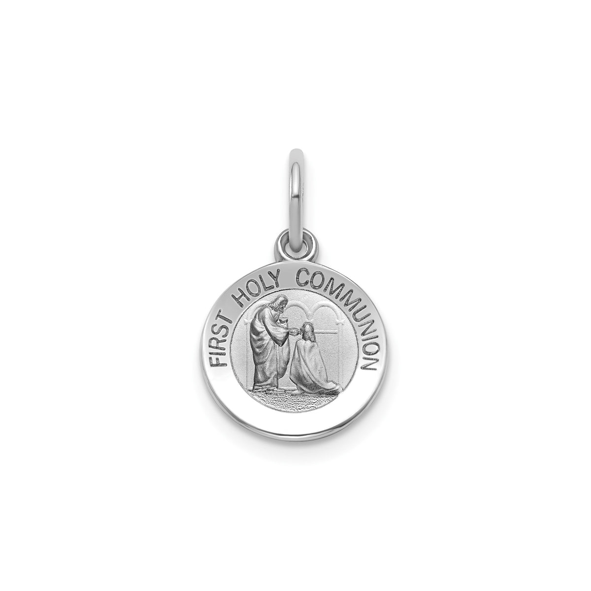 Round 1st Communion Medal in Sterling Silver, Satin - Sophia Jewelers