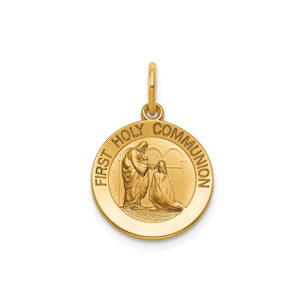 Round 1st Communion Medal in 14K Yellow Gold, 14.5mm - Sophia Jewelers Main image