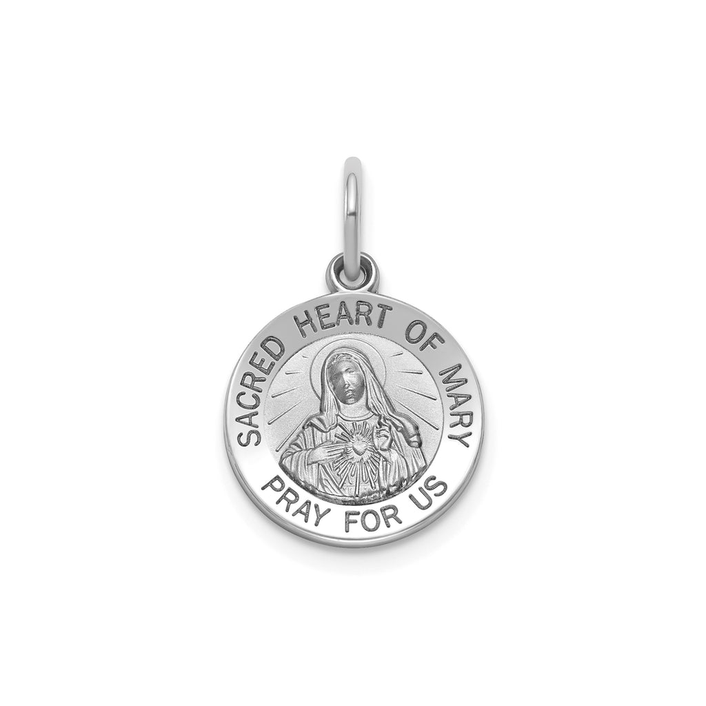 Round Heart of Mary Medal in Sterling Silver, 13.25mm Satin - Sophia Jewelers