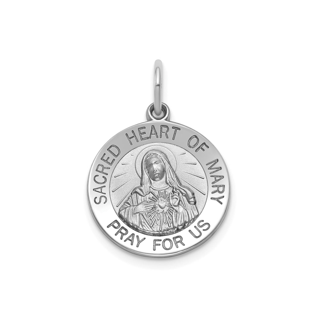 Round Heart of Mary Medal in Sterling Silver, 16.25mm Satin - Sophia Jewelers