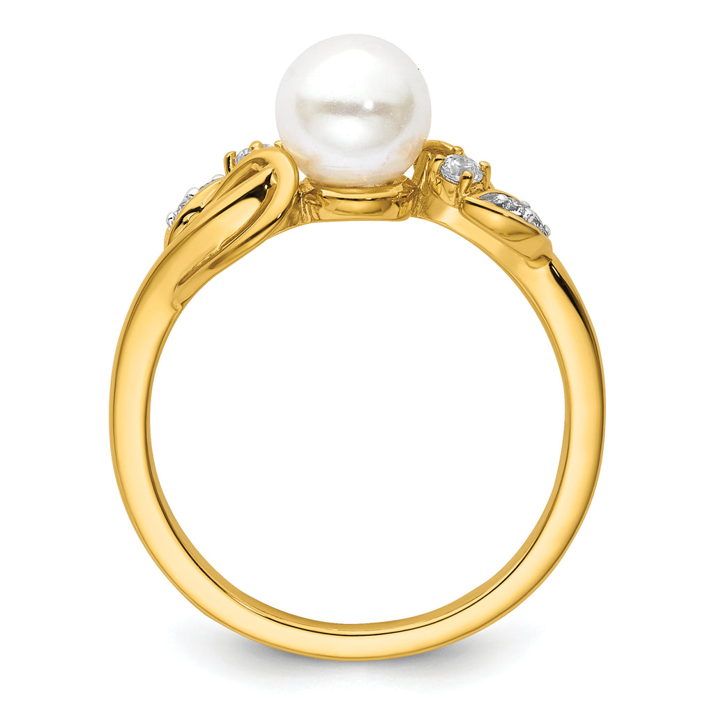 14K Polished 1/15 carat Diamond and White Freshwater Cultured Pearl Size 7 Ring