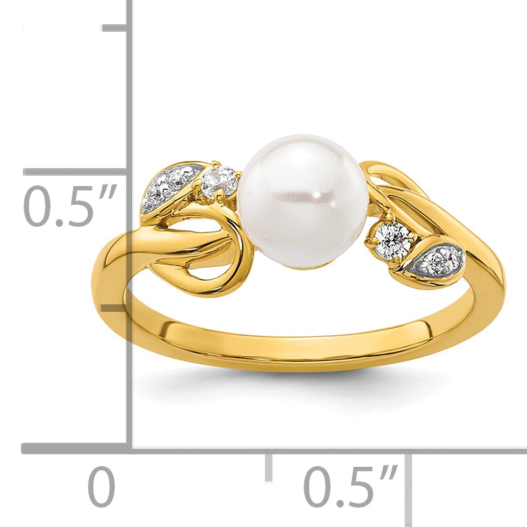 14K Polished 1/15 carat Diamond and White Freshwater Cultured Pearl Size 7 Ring