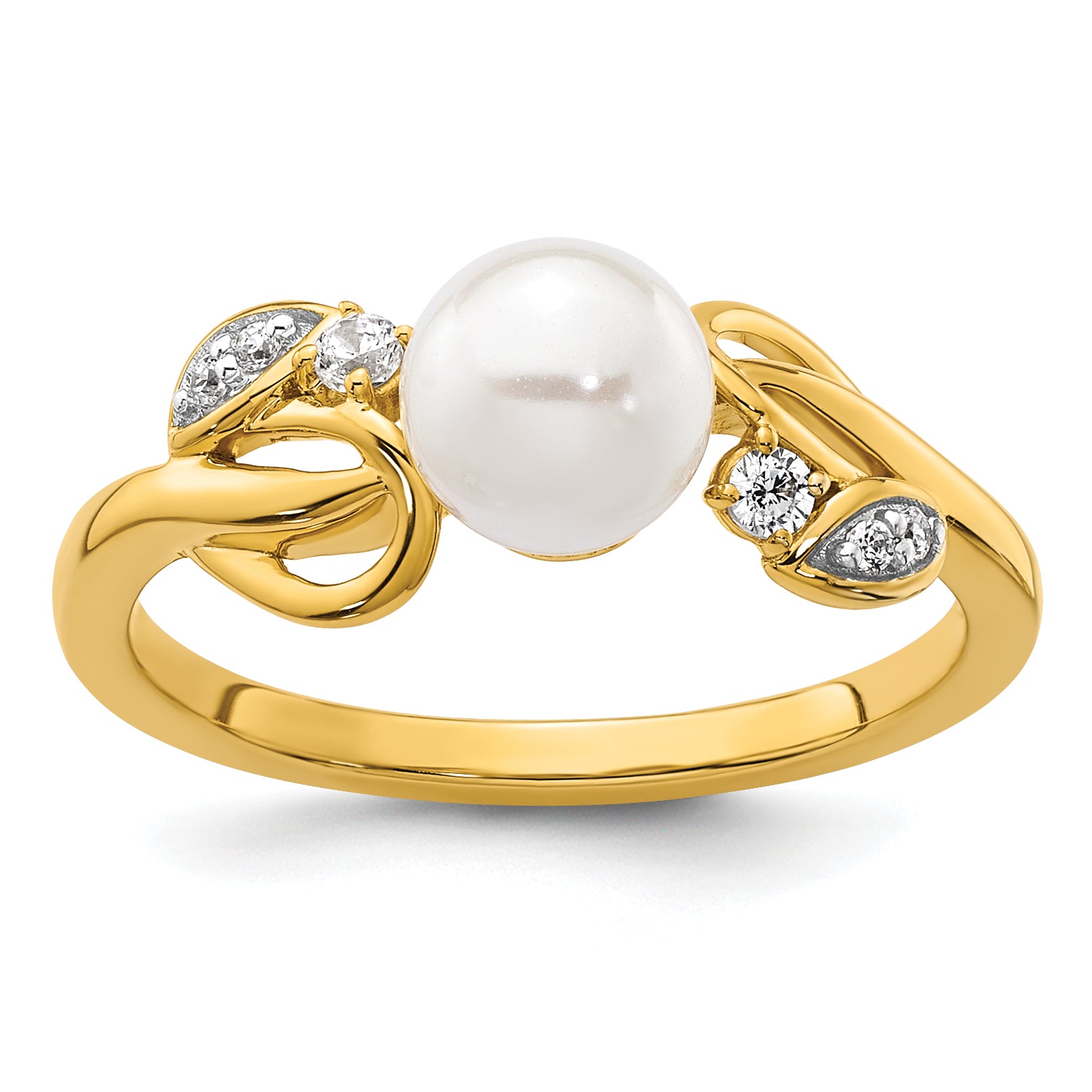 14K Polished 1/15 carat Diamond and White Freshwater Cultured Pearl Size 7 Ring