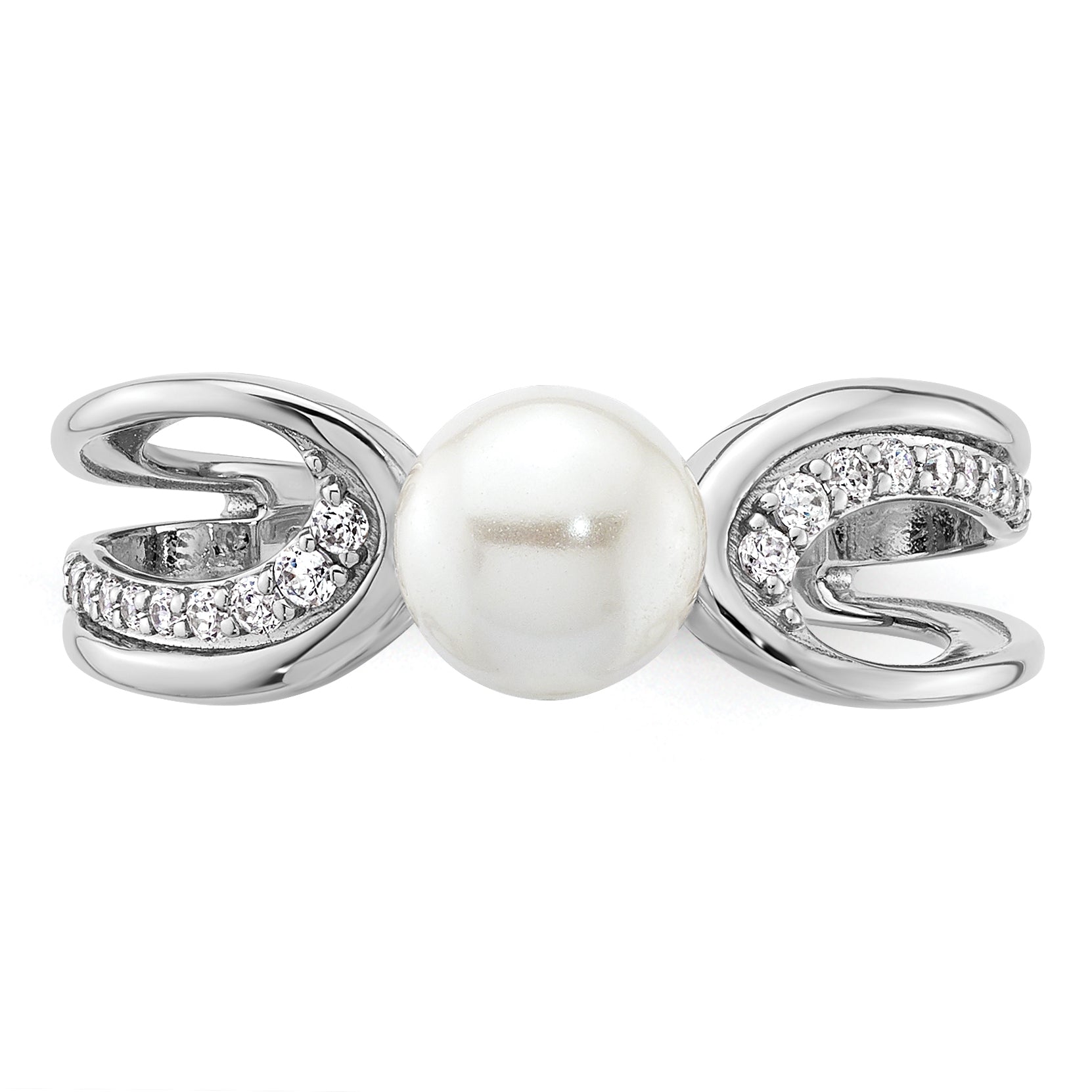14K White Gold Polished 1/8 carat Diamond and White Freshwater Cultured Pearl Size 7 Ring