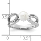 14K White Gold Polished 1/8 carat Diamond and White Freshwater Cultured Pearl Size 7 Ring