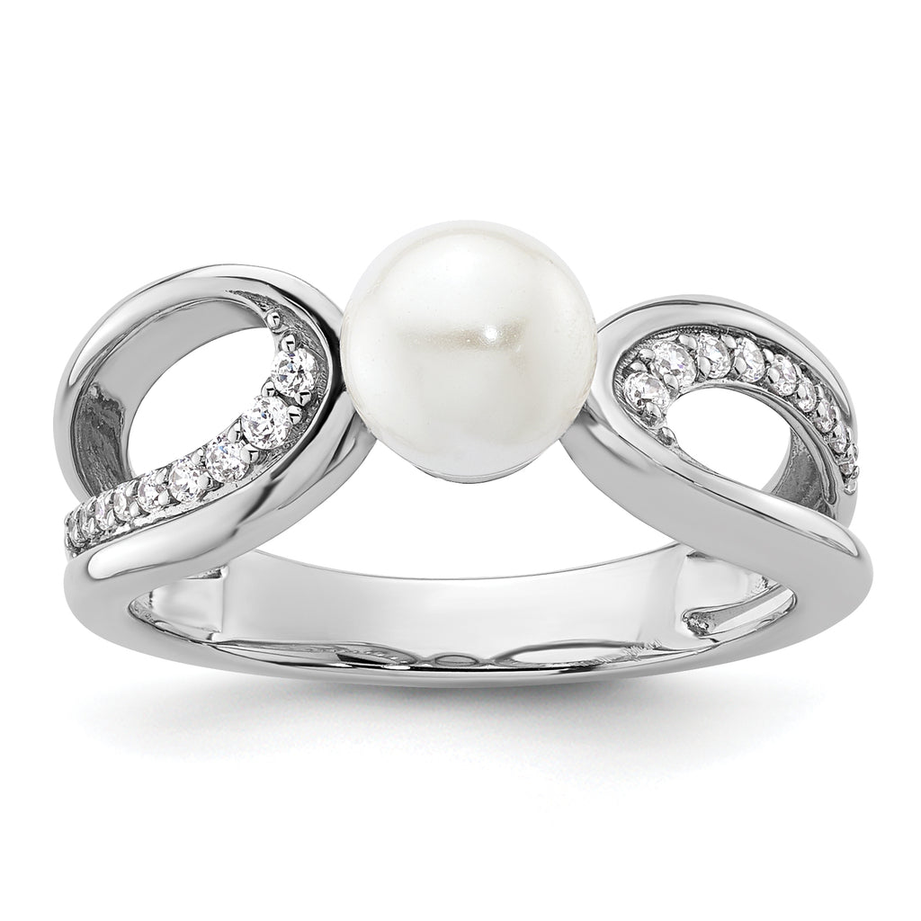 14K White Gold Polished 1/8 carat Diamond and White Freshwater Cultured Pearl Size 7 Ring