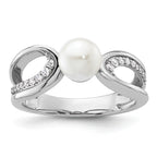 14K White Gold Polished 1/8 carat Diamond and White Freshwater Cultured Pearl Size 7 Ring