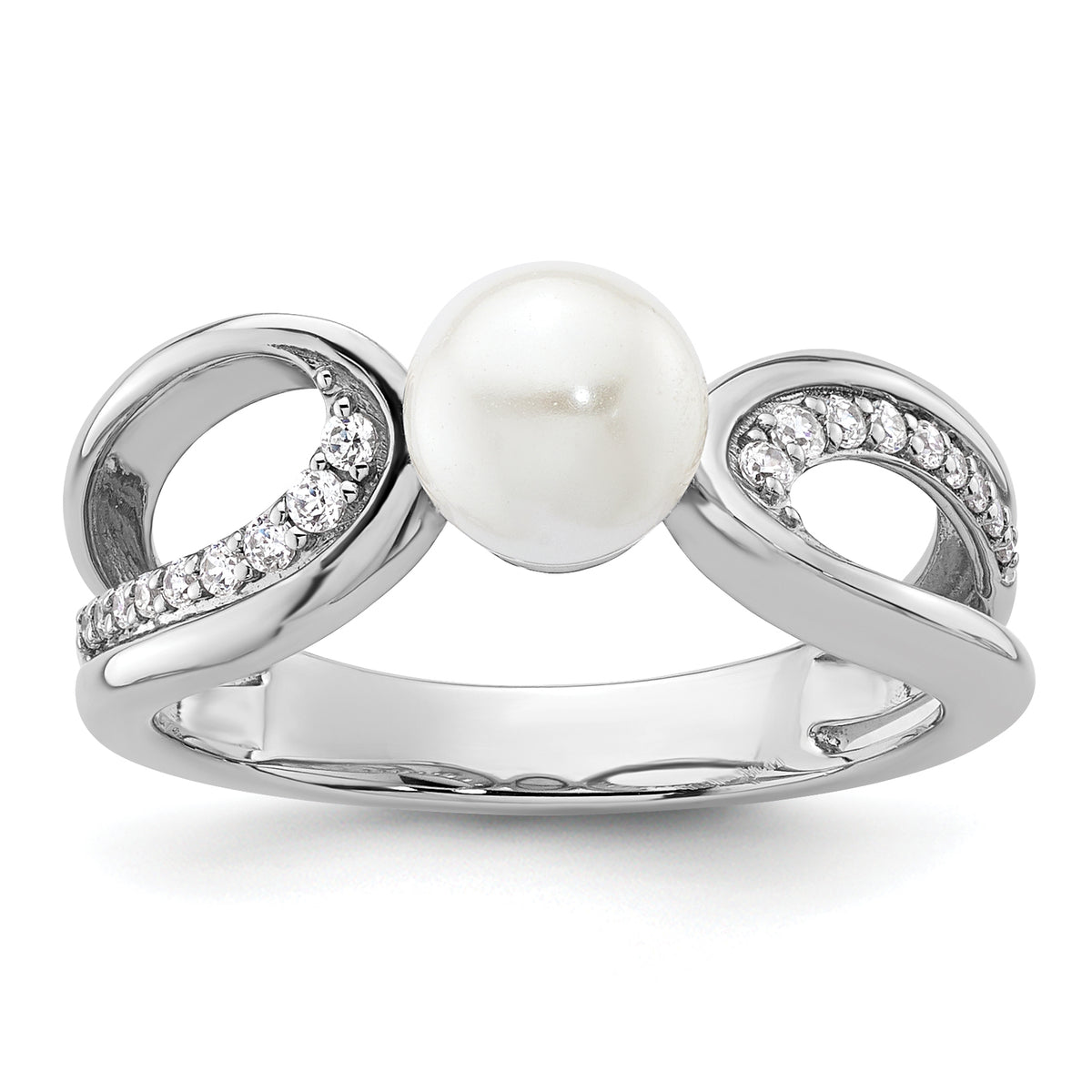 14K White Gold Polished 1/8 carat Diamond and White Freshwater Cultured Pearl Size 7 Ring