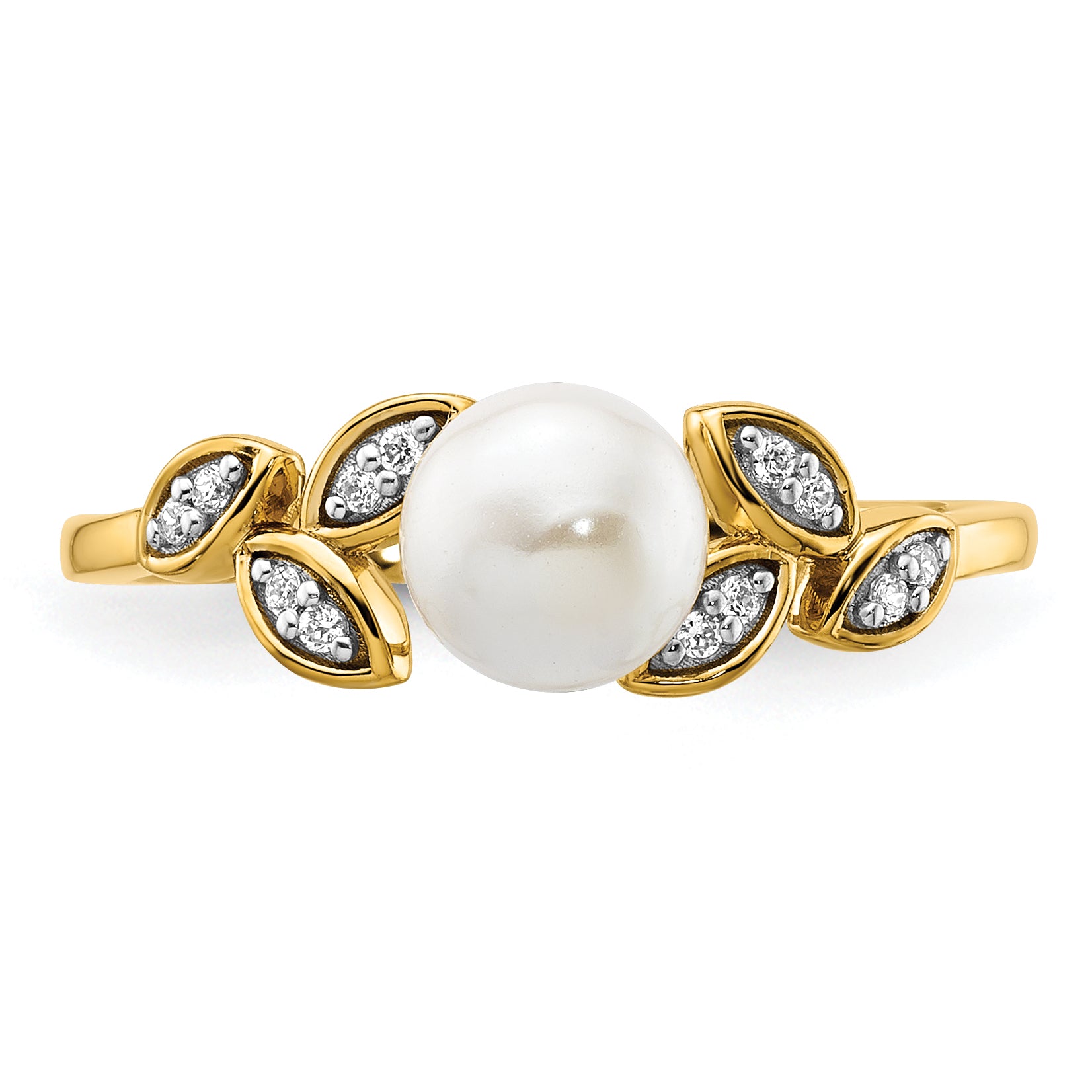 14K Polished 1/20 carat Diamond and White Freshwater Cultured Pearl Leaf Design Size 7 Ring