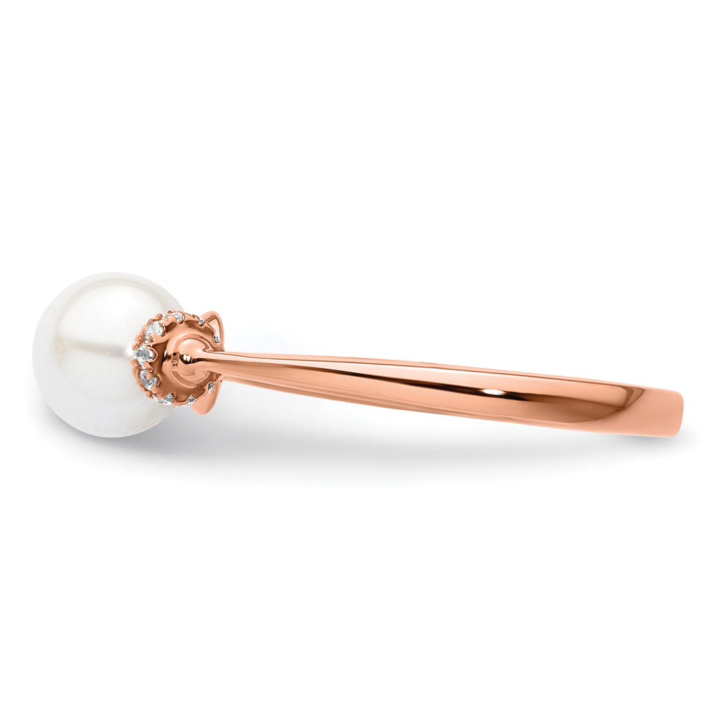 14K Rose Gold Polished 1/15 carat Diamond and White Freshwater Cultured Pearl Size 7 Ring