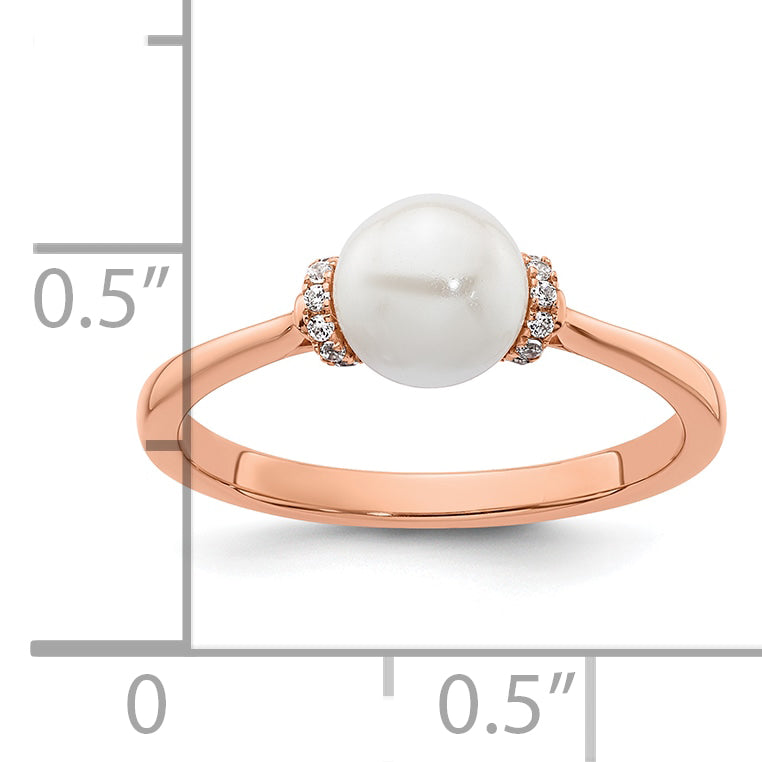 14K Rose Gold Polished 1/15 carat Diamond and White Freshwater Cultured Pearl Size 7 Ring