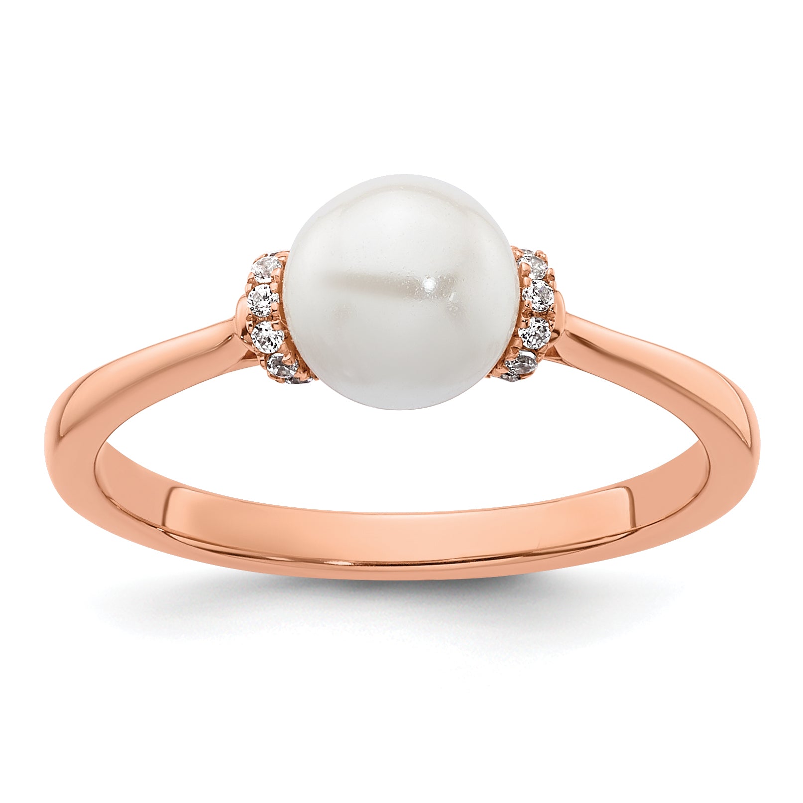 14K Rose Gold Polished 1/15 carat Diamond and White Freshwater Cultured Pearl Size 7 Ring Main image