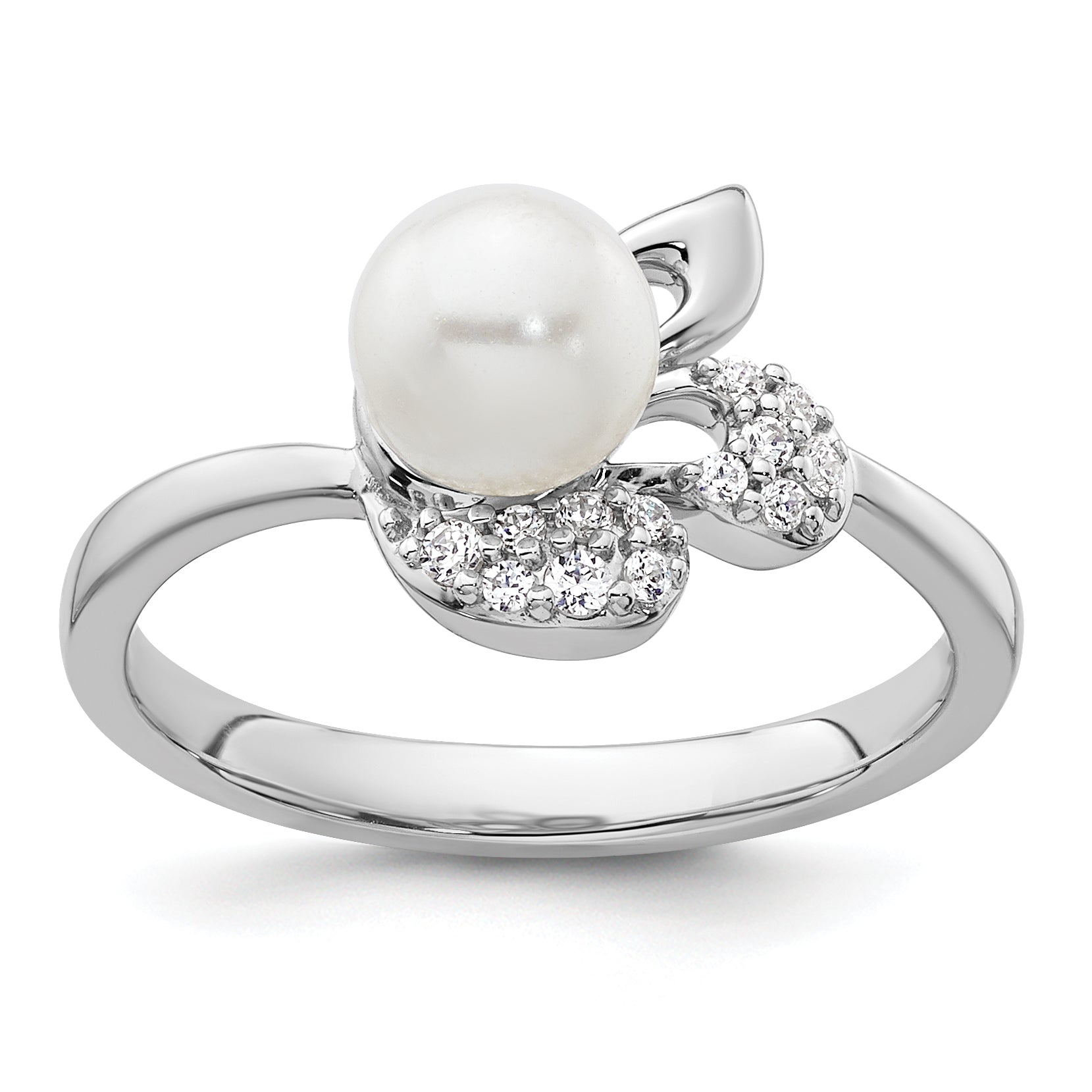 14K White Gold Polished 1/10 carat Diamond and White Freshwater Cultured Pearl Size 7 Ring Main image