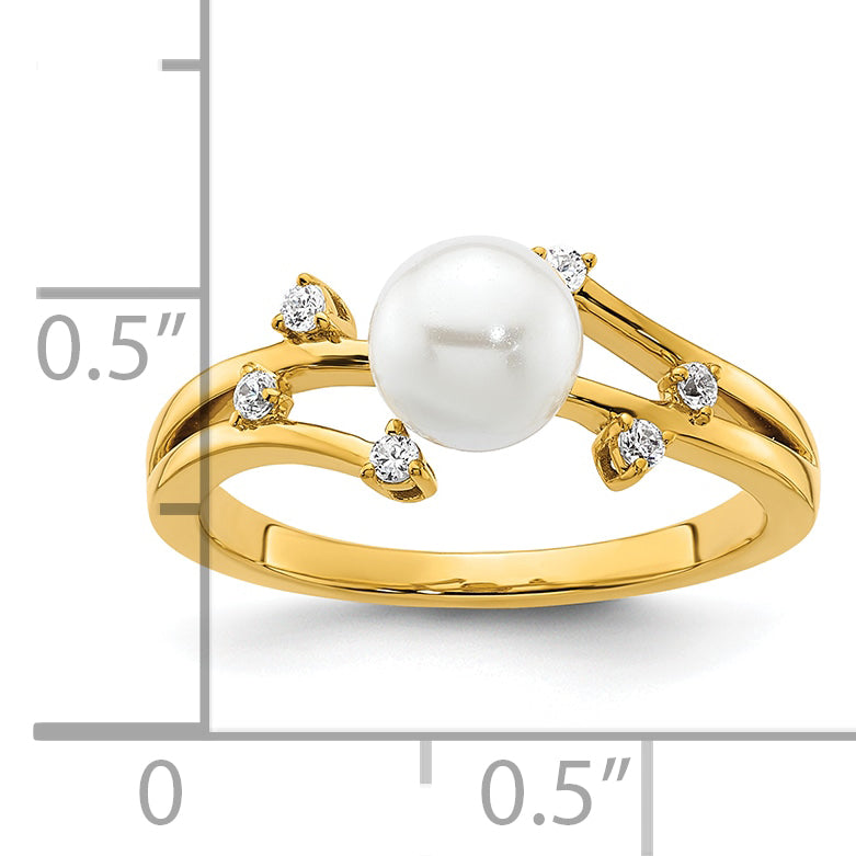 14K Polished 1/10 carat Diamond and White Freshwater Cultured Pearl Size 7 Ring