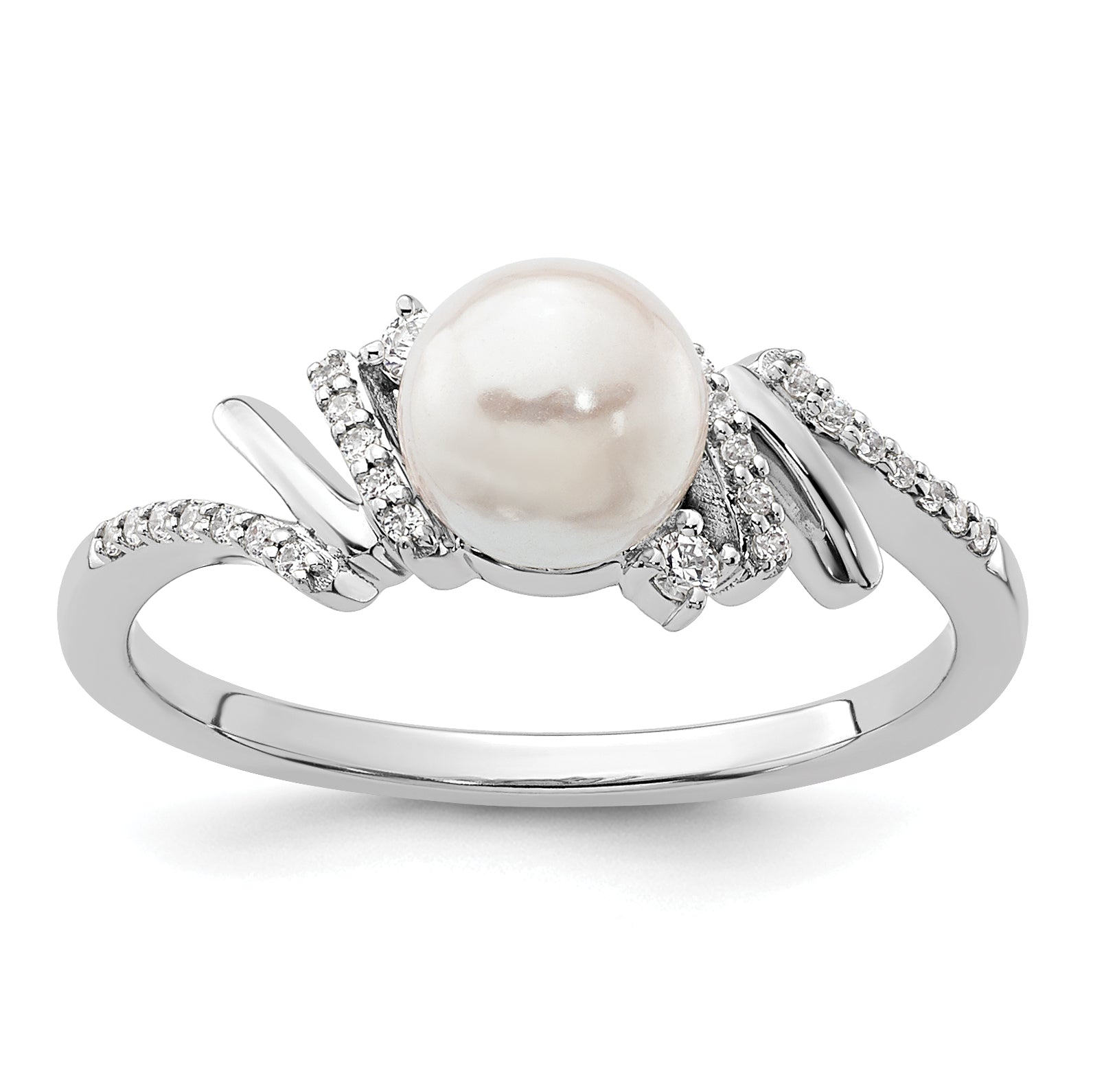 14K White Gold Polished 1/10 carat Diamond and White Freshwater Cultured Pearl Size 7 Ring Main image